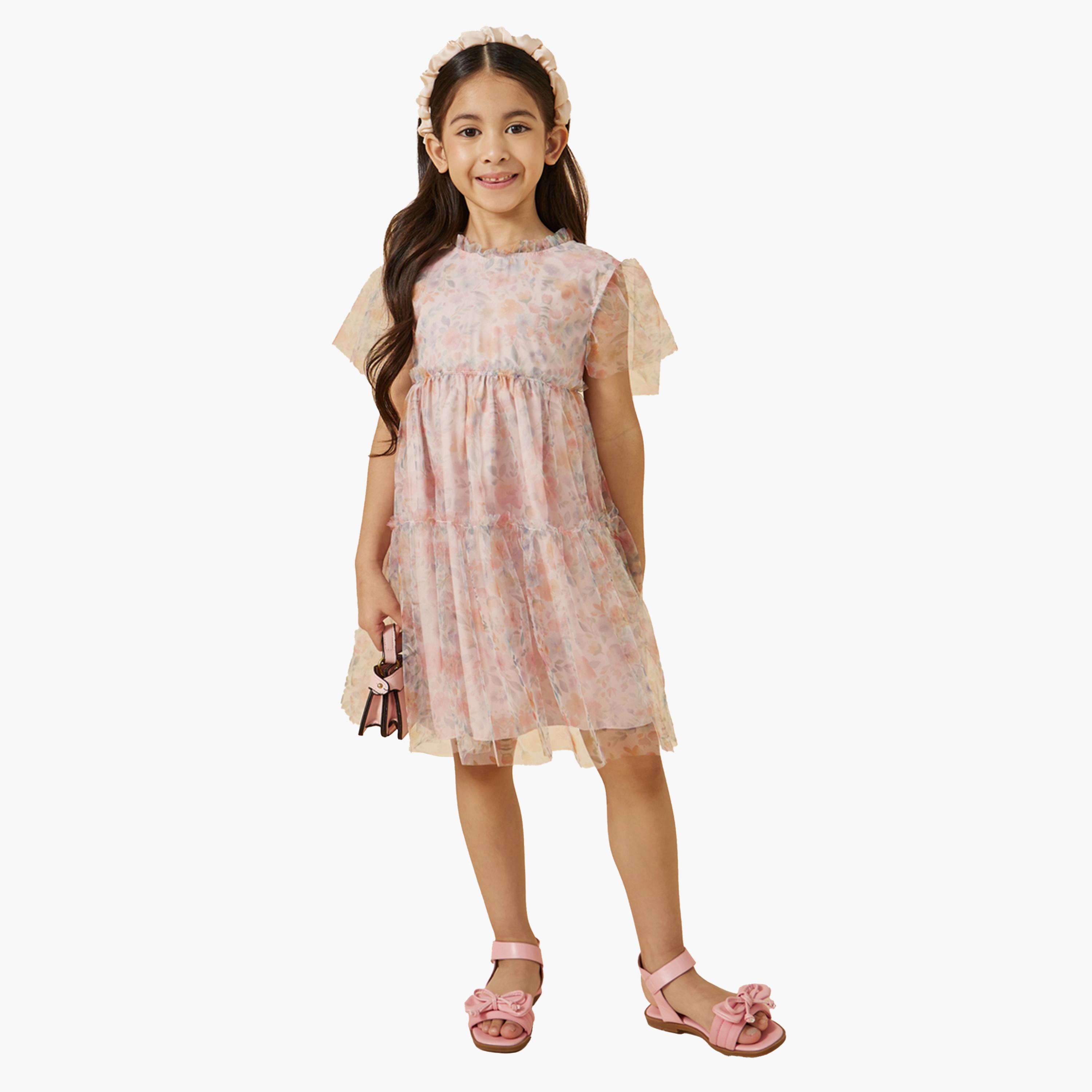 ستايلي-  فستان شبكي متعدد الطبقات بطبعة زهور-girls-clothing-dressesandjumpsuits-image-2