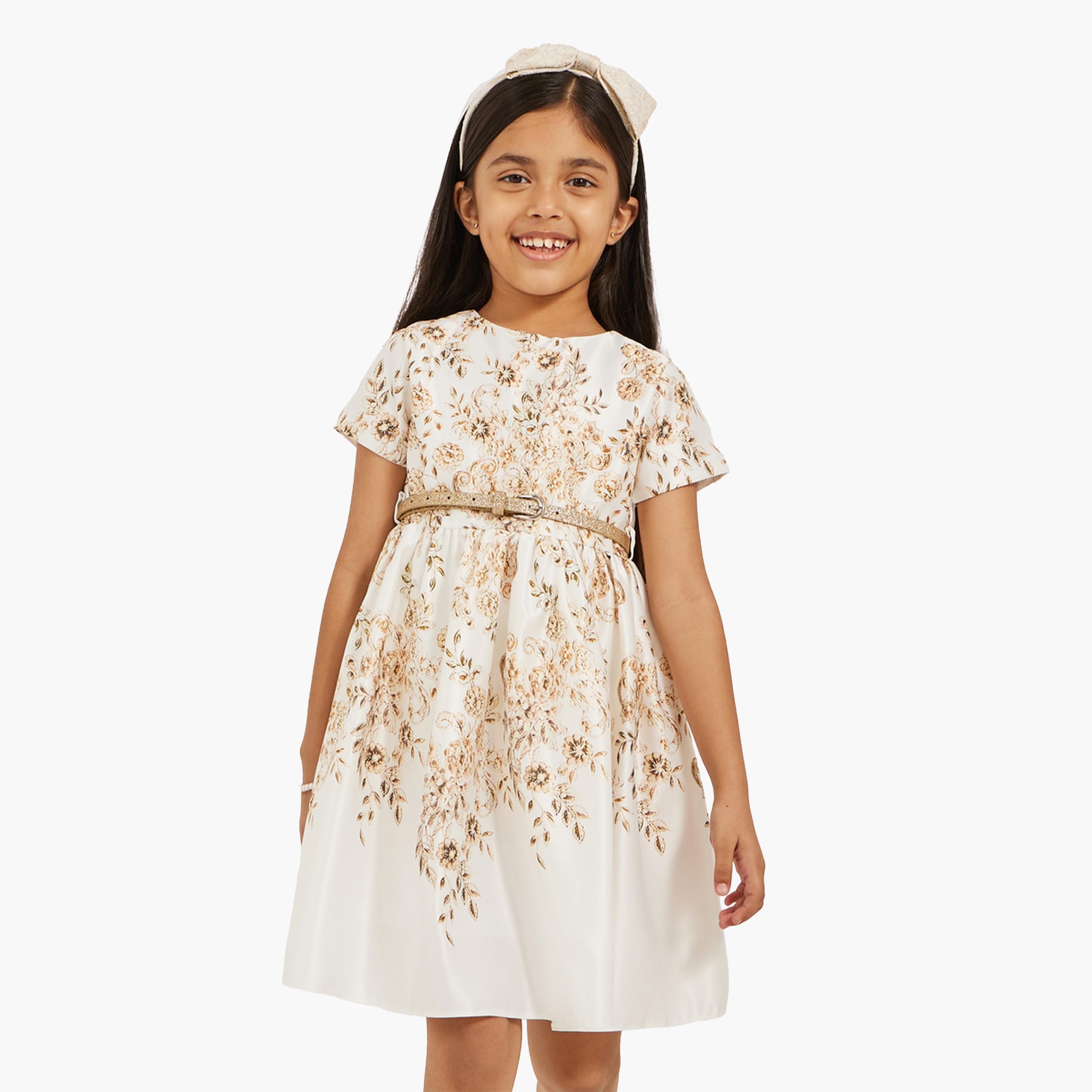 ستايلي-  فستان ساتان مطبوع عليه زهور مع حزام لامع-girls-clothing-dressesandjumpsuits-image-1