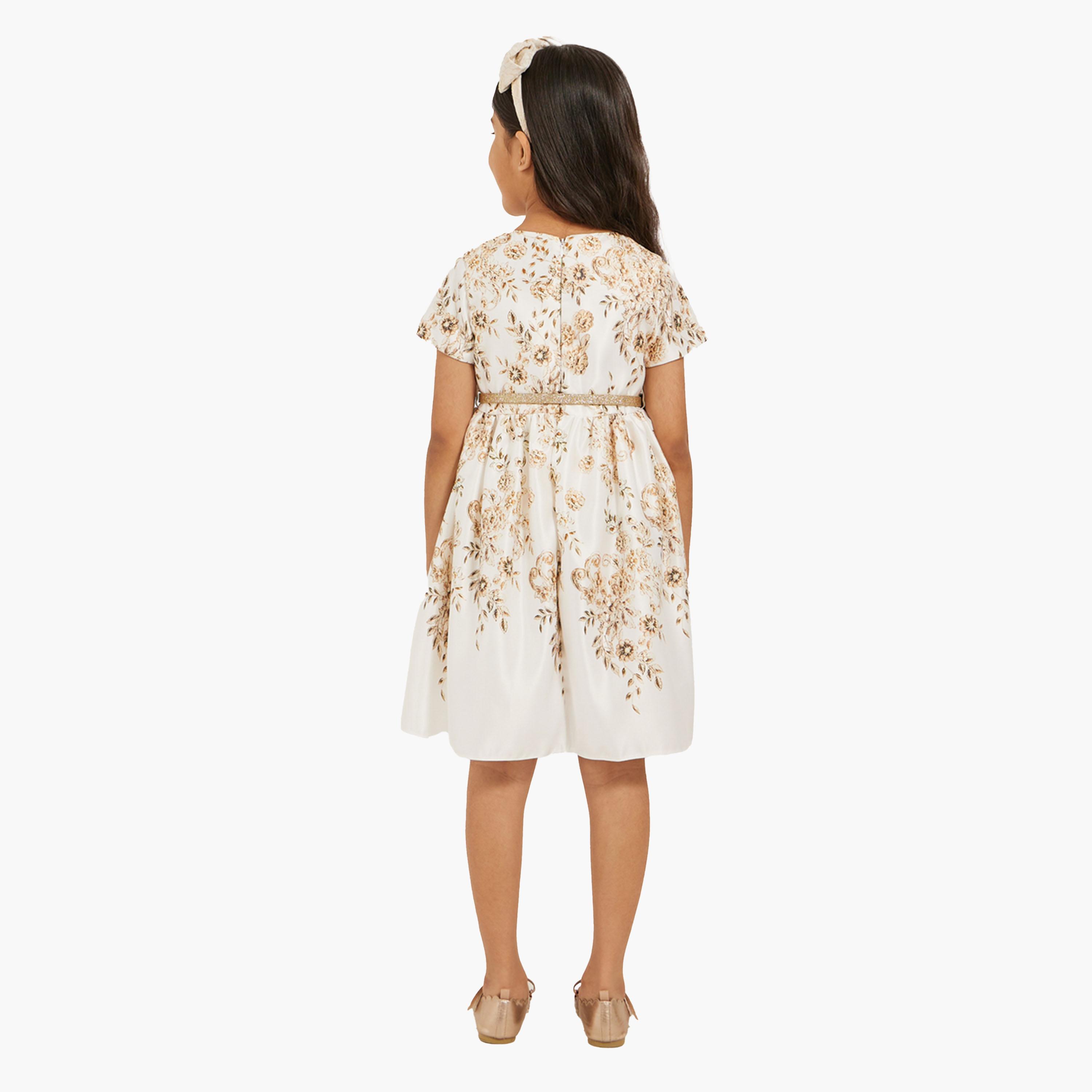ستايلي-  فستان ساتان مطبوع عليه زهور مع حزام لامع-girls-clothing-dressesandjumpsuits-image-4