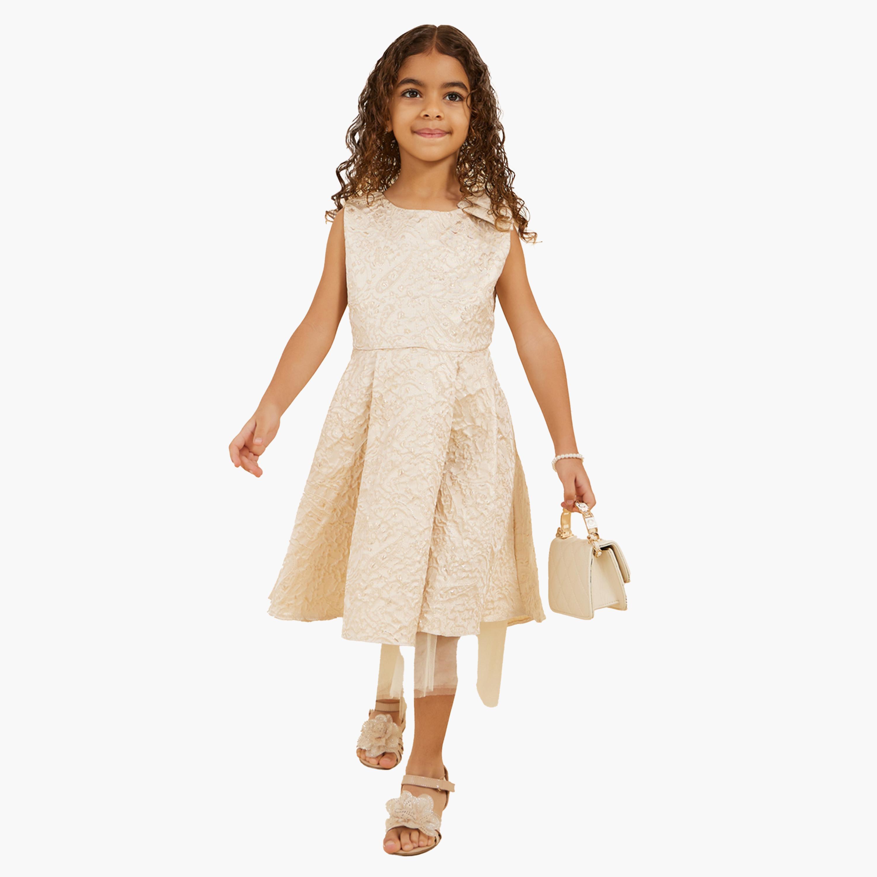 ستايلي-  فستان من قماش الجاكار الشبكي مع طيات وتفاصيل فيونكة-girls-clothing-dressesandjumpsuits-image-2