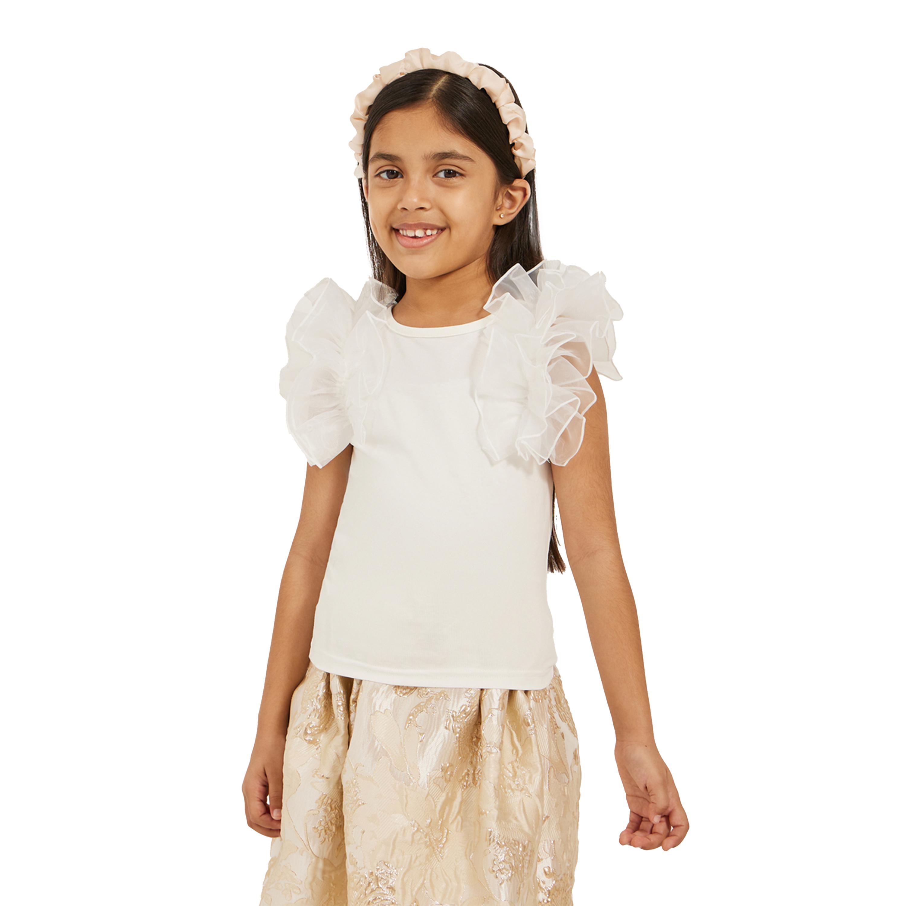 ستايلي - طقم من توب بأكمام شبكية مكشكشة مع تنورة جاكار-girls-clothing-setsandcoords-image-2