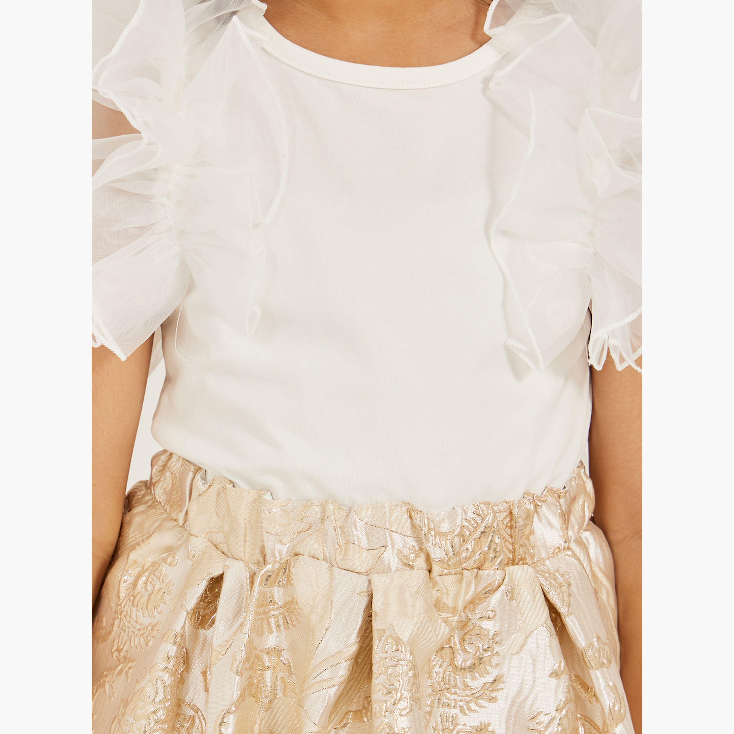 ستايلي - طقم من توب بأكمام شبكية مكشكشة مع تنورة جاكار-girls-clothing-setsandcoords-image-3