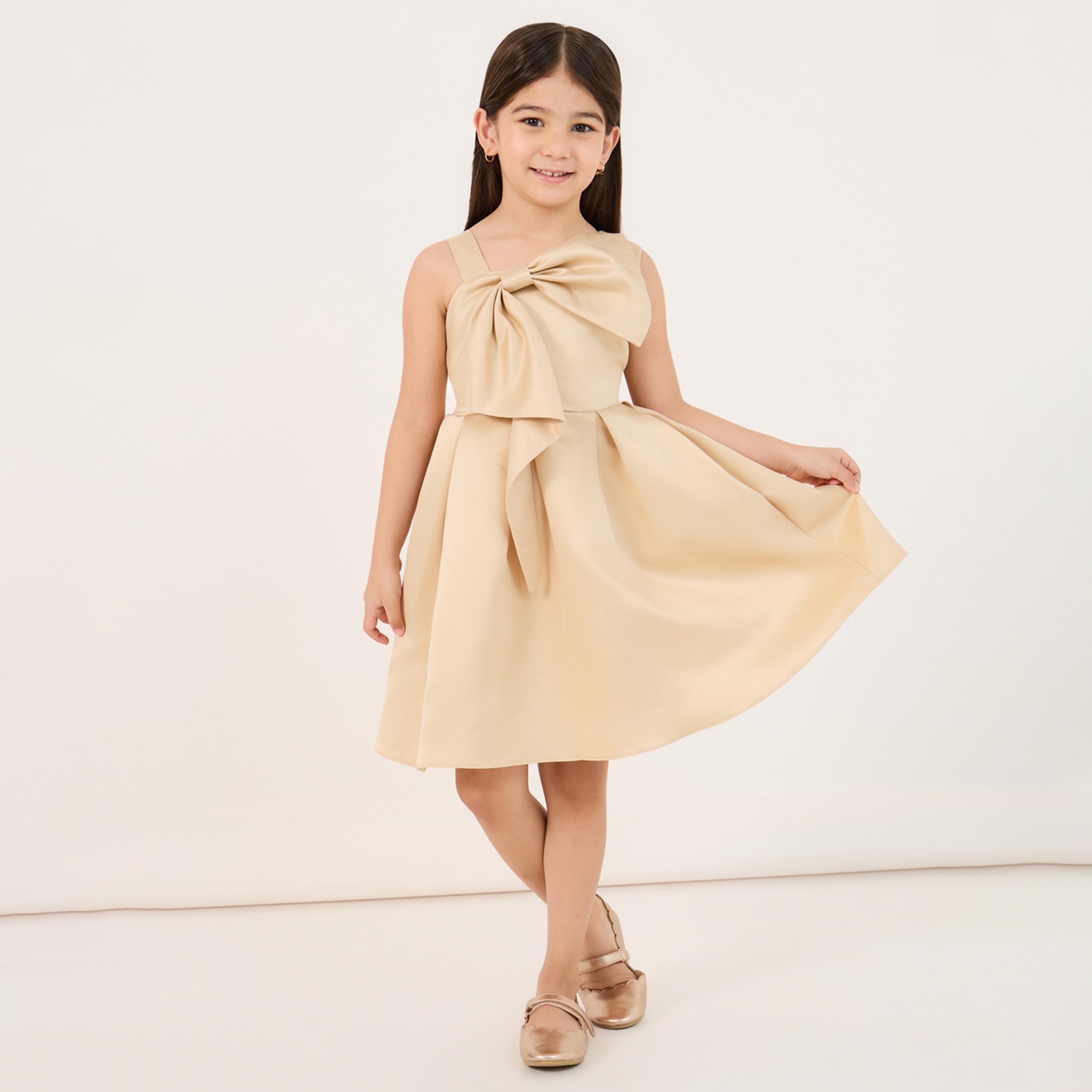 Styli Solid Fit & Flare Knee-Length Dress with Bow Detail-girls-clothing-dressesandjumpsuits-image-1