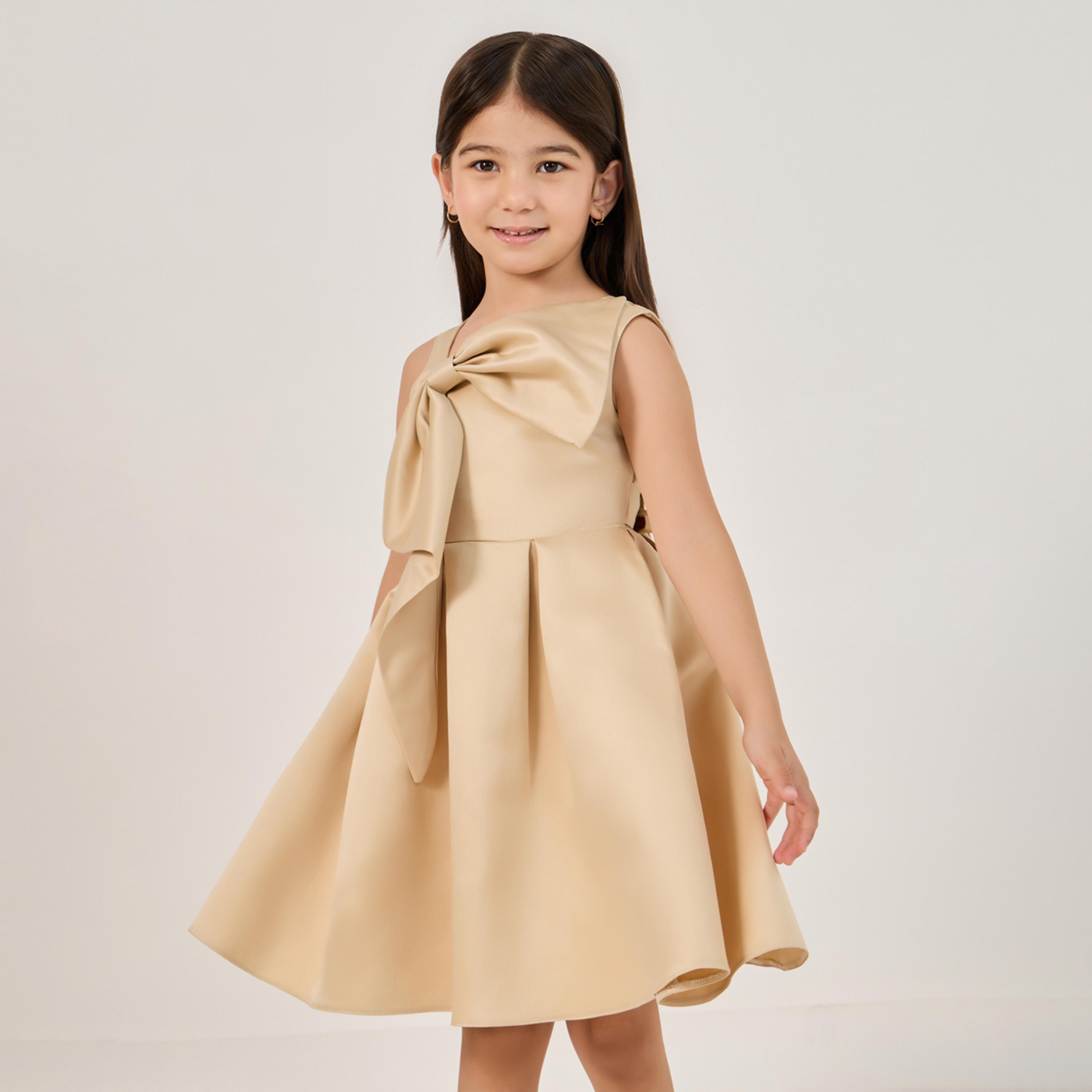 Styli Solid Fit & Flare Knee-Length Dress with Bow Detail-girls-clothing-dressesandjumpsuits-image-2