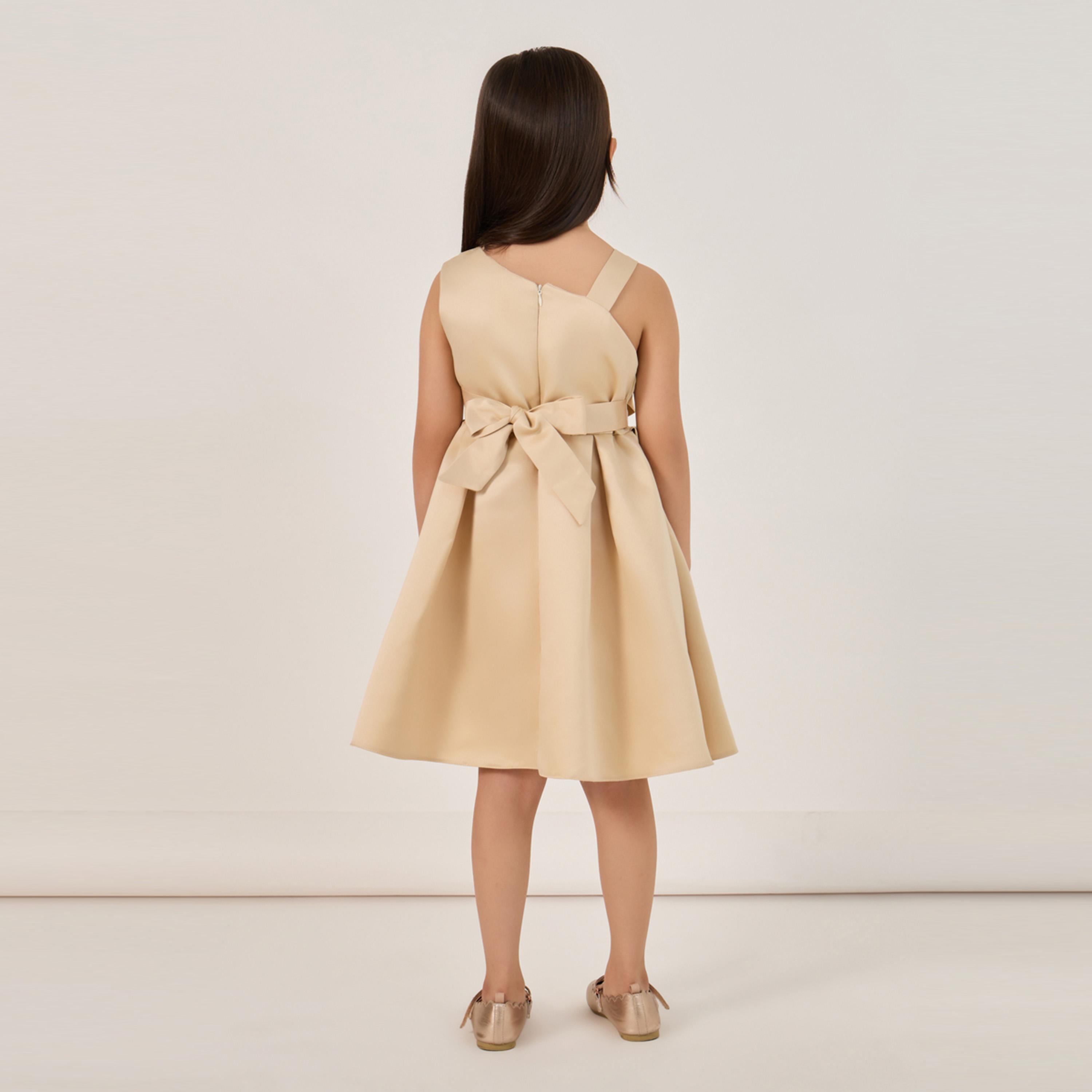 Styli Solid Fit & Flare Knee-Length Dress with Bow Detail-girls-clothing-dressesandjumpsuits-image-4