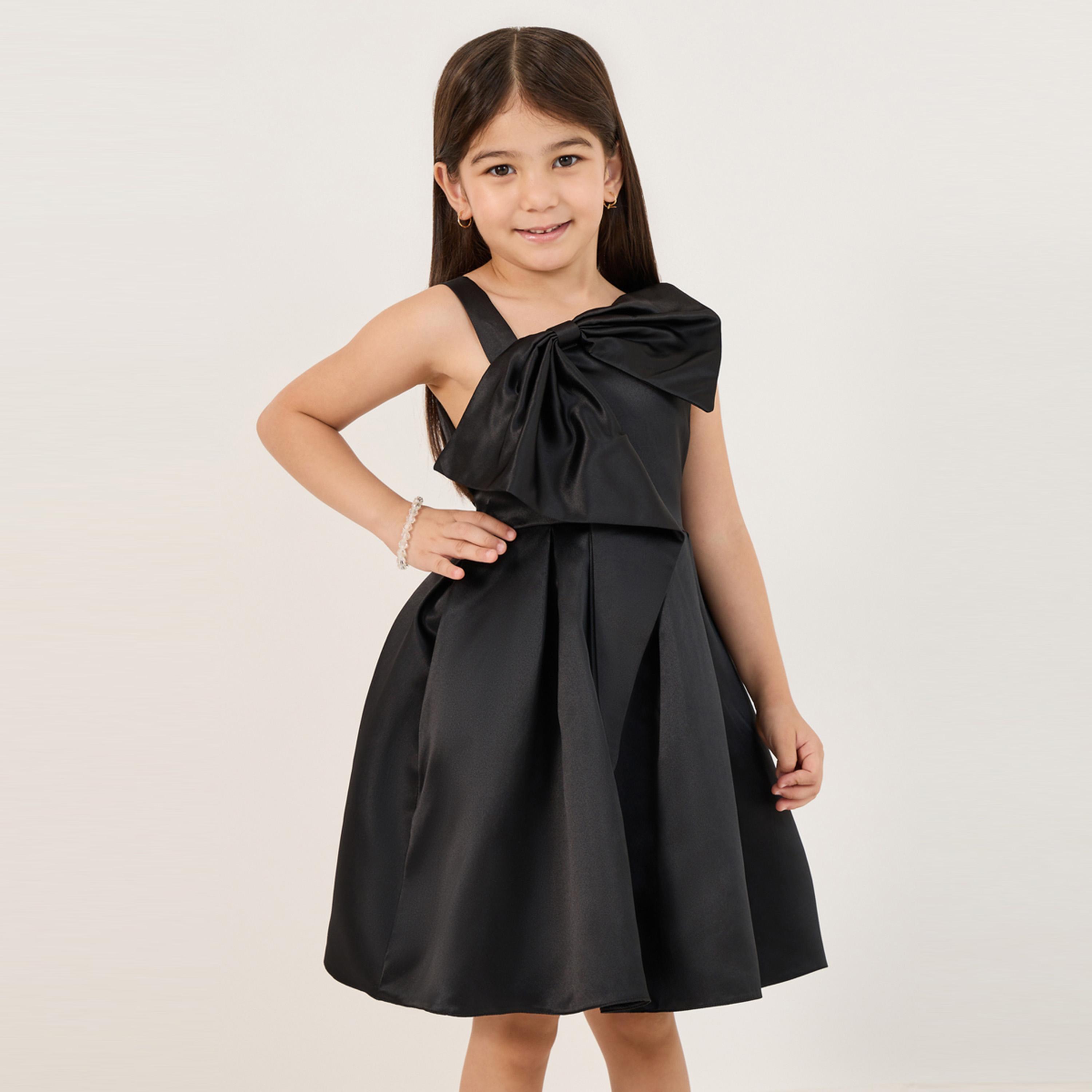 ستايلي - فستان سادة بقصّة واسعة بطول الركبة مع فيونكة-girls-clothing-dressesandjumpsuits-image-1
