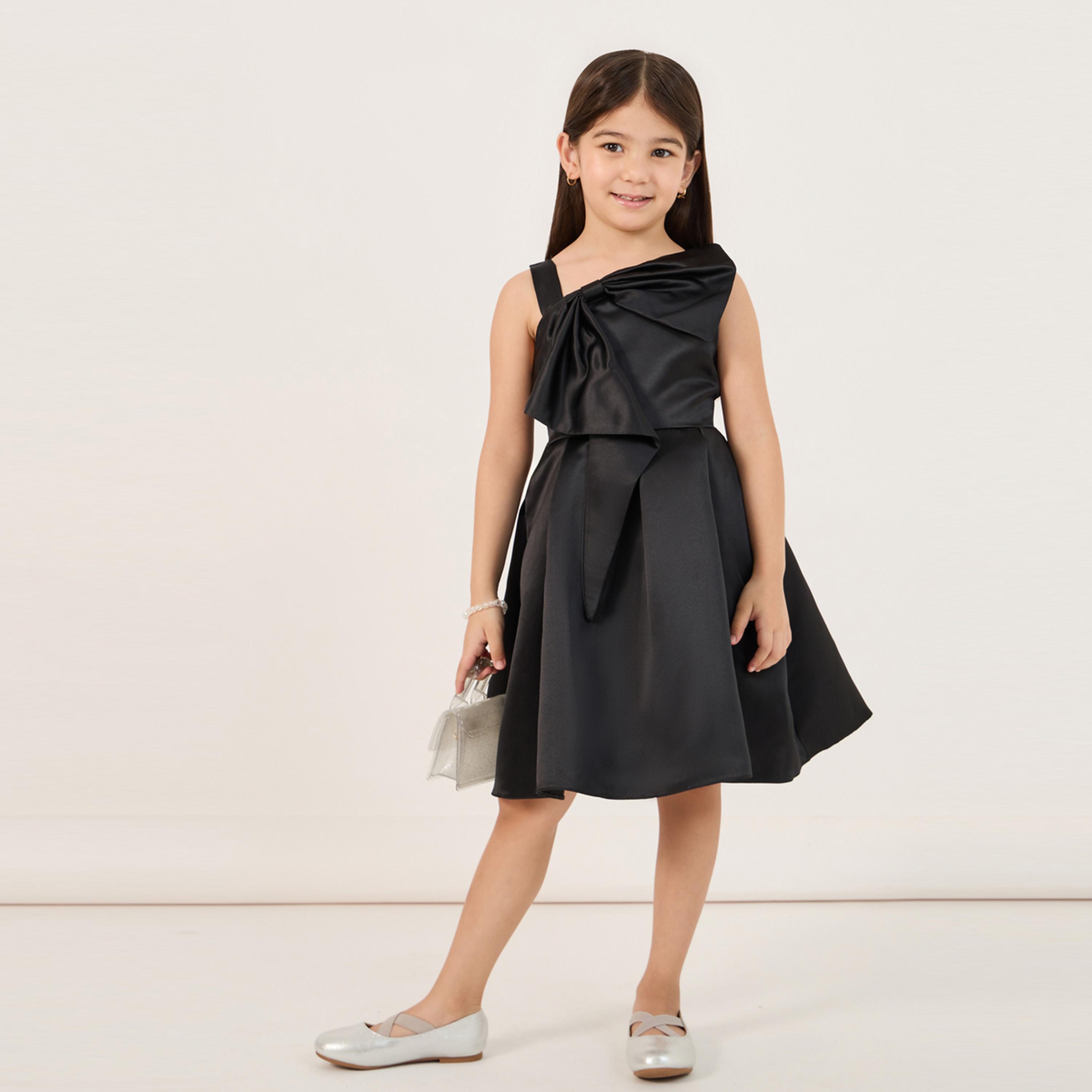 ستايلي - فستان سادة بقصّة واسعة بطول الركبة مع فيونكة-girls-clothing-dressesandjumpsuits-image-2