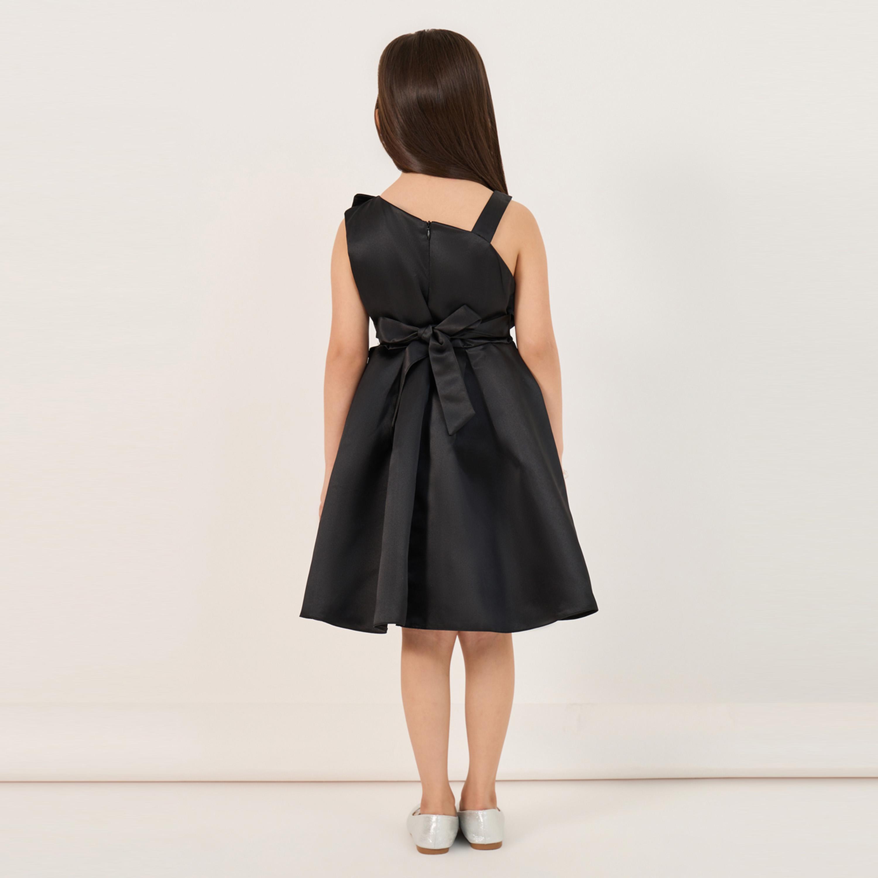 ستايلي - فستان سادة بقصّة واسعة بطول الركبة مع فيونكة-girls-clothing-dressesandjumpsuits-image-4