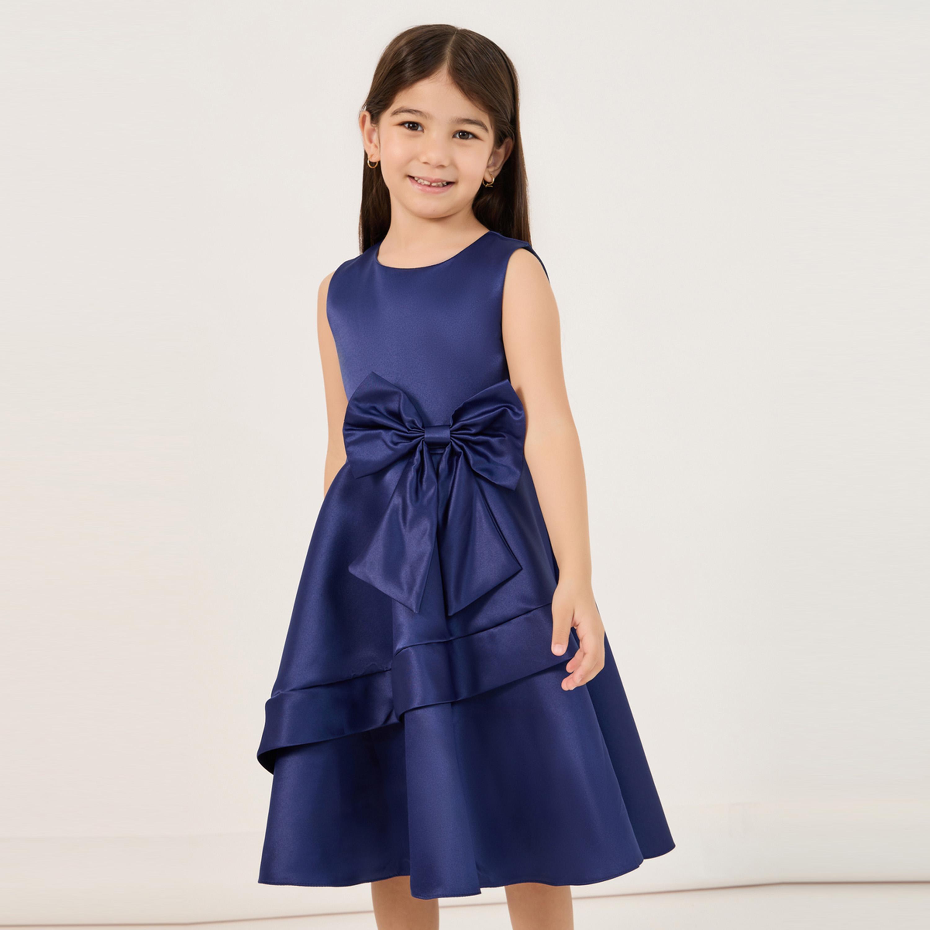 ستايلي - فستان سادة بدون أكمام بطول الركبة مع فيونكة-girls-clothing-dressesandjumpsuits-image-2