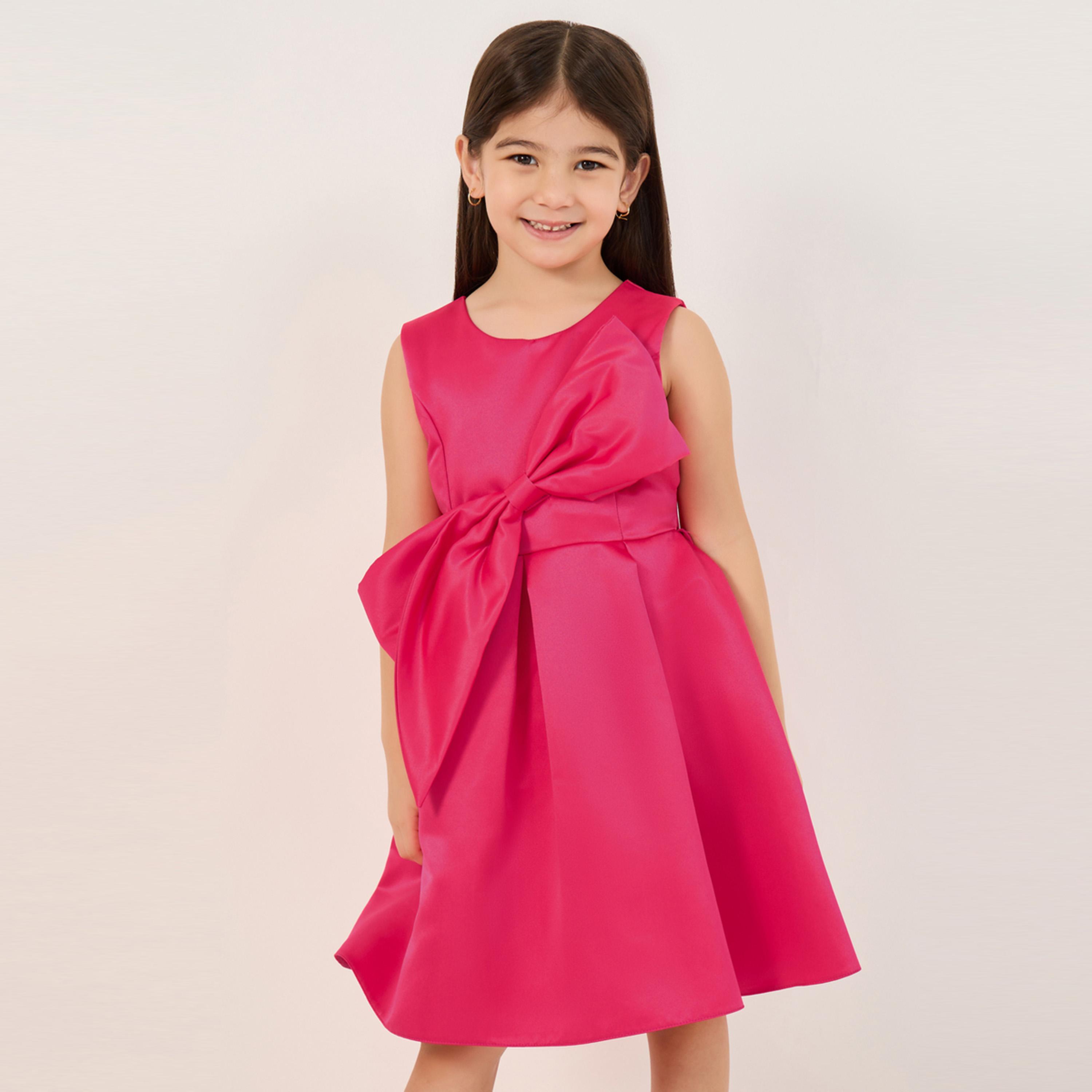 ستايلي - فستان سادة بطول الركبة مع خصر كسرات وفيونكة-girls-clothing-dressesandjumpsuits-image-2