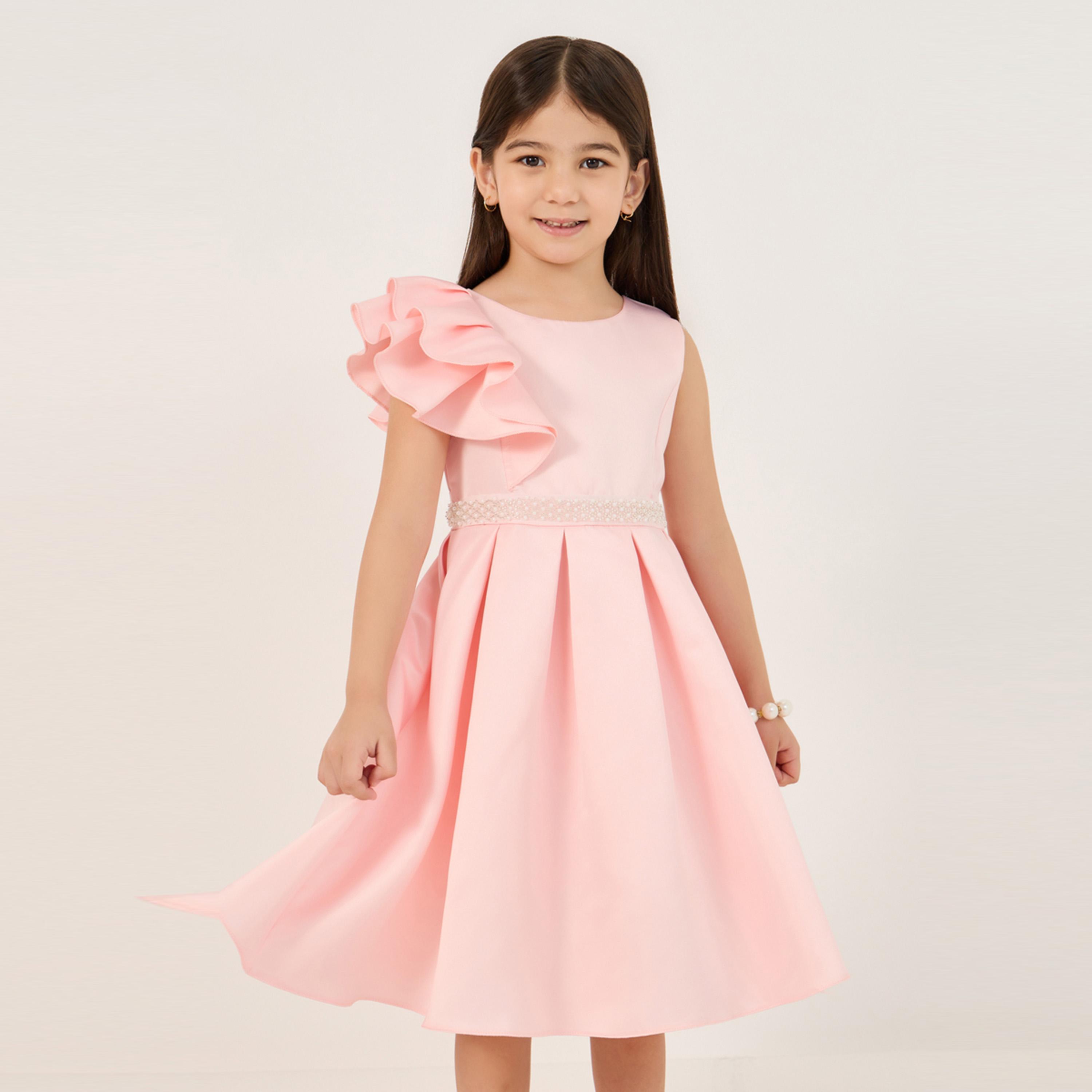 Styli Solid One Ruffled Sleeve Dress with Embellished Tie-Up Belt-girls-clothing-dressesandjumpsuits-image-1