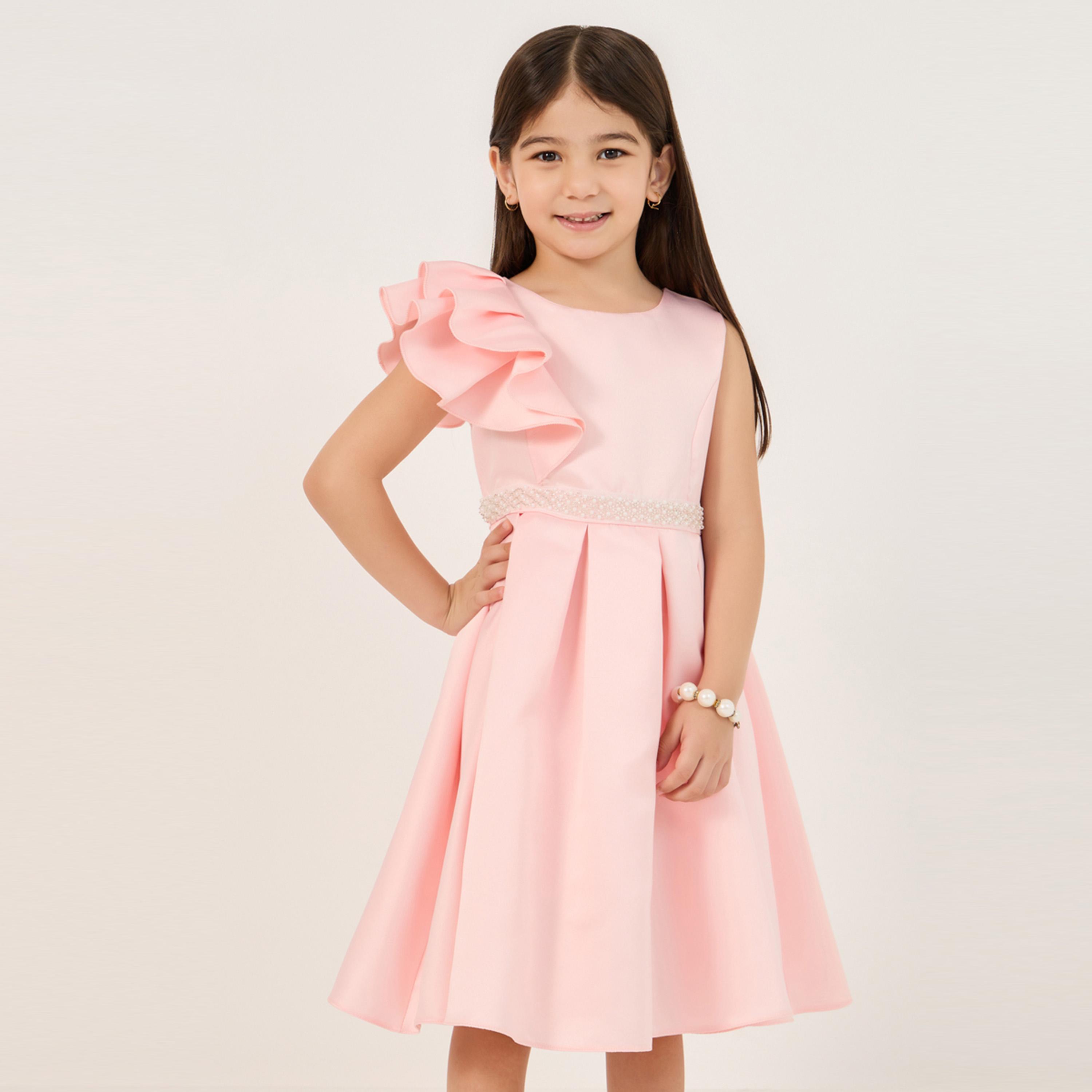 Styli Solid One Ruffled Sleeve Dress with Embellished Tie-Up Belt-girls-clothing-dressesandjumpsuits-image-2