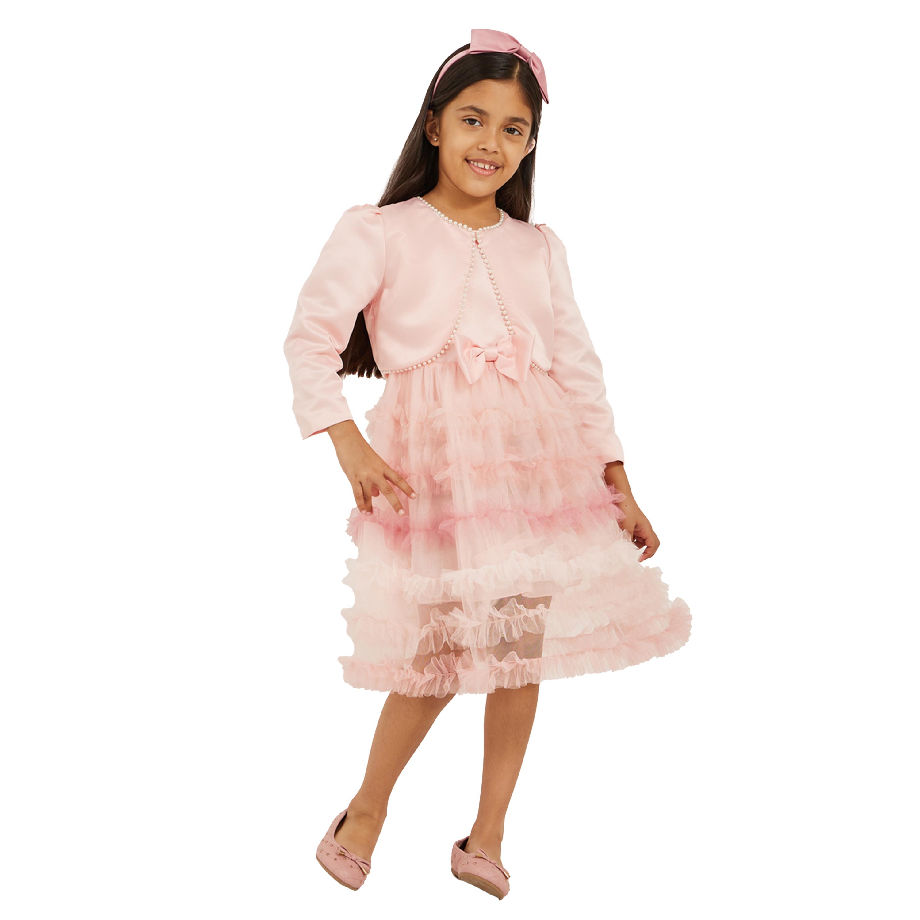 ستايلي - فستان مزين باللؤلؤ الصناعي مع فيونكة شبكية وبوليرو-girls-clothing-dressesandjumpsuits-image-1