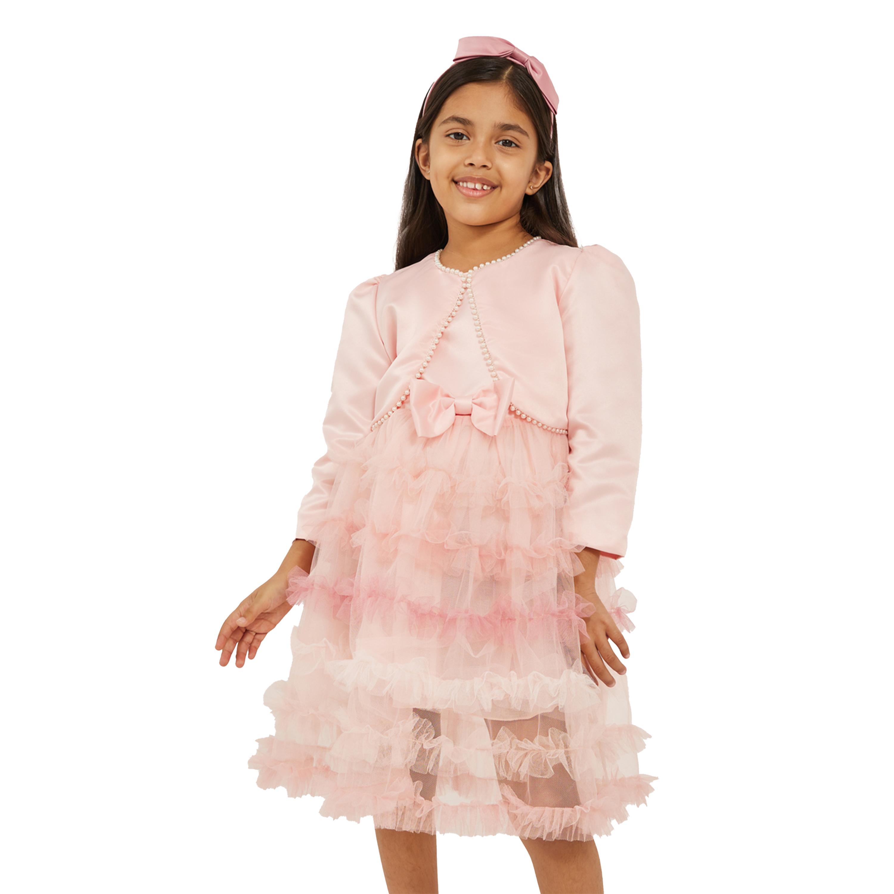 ستايلي - فستان مزين باللؤلؤ الصناعي مع فيونكة شبكية وبوليرو-girls-clothing-dressesandjumpsuits-image-2