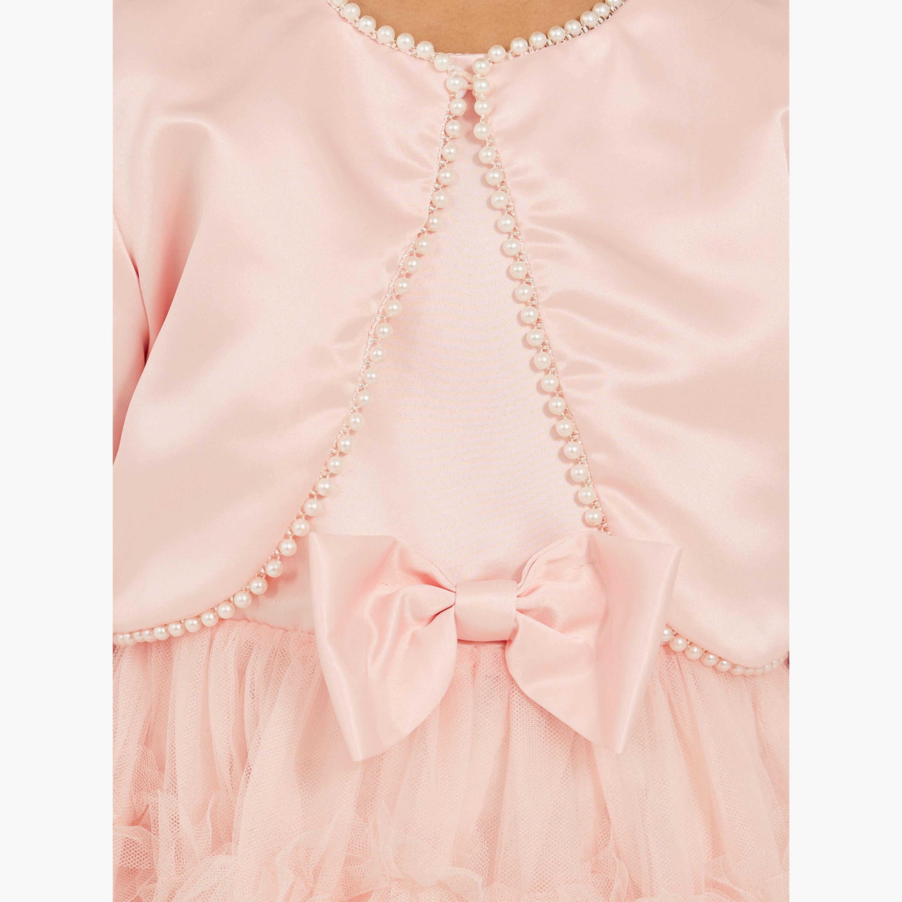 ستايلي - فستان مزين باللؤلؤ الصناعي مع فيونكة شبكية وبوليرو-girls-clothing-dressesandjumpsuits-image-3