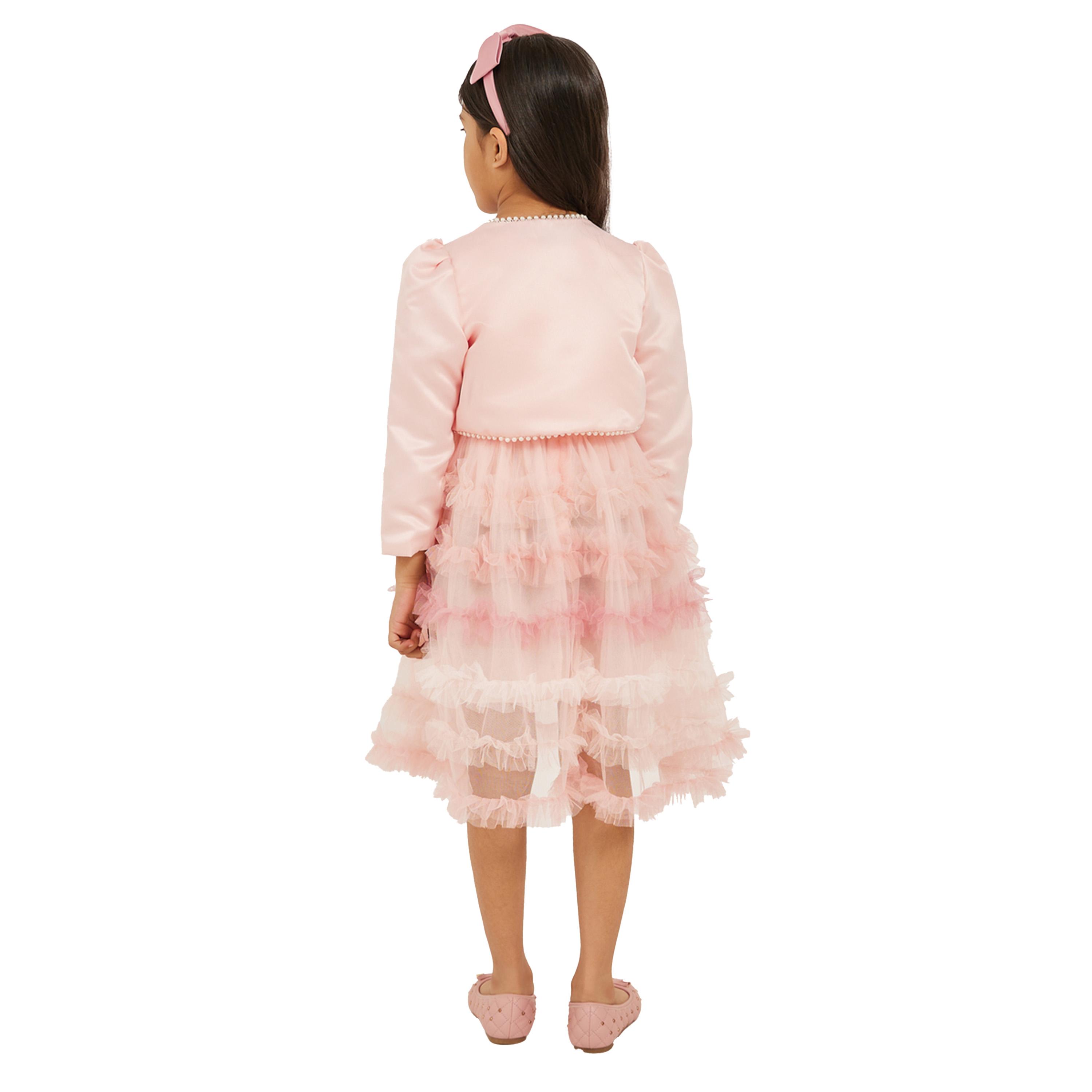 ستايلي - فستان مزين باللؤلؤ الصناعي مع فيونكة شبكية وبوليرو-girls-clothing-dressesandjumpsuits-image-4