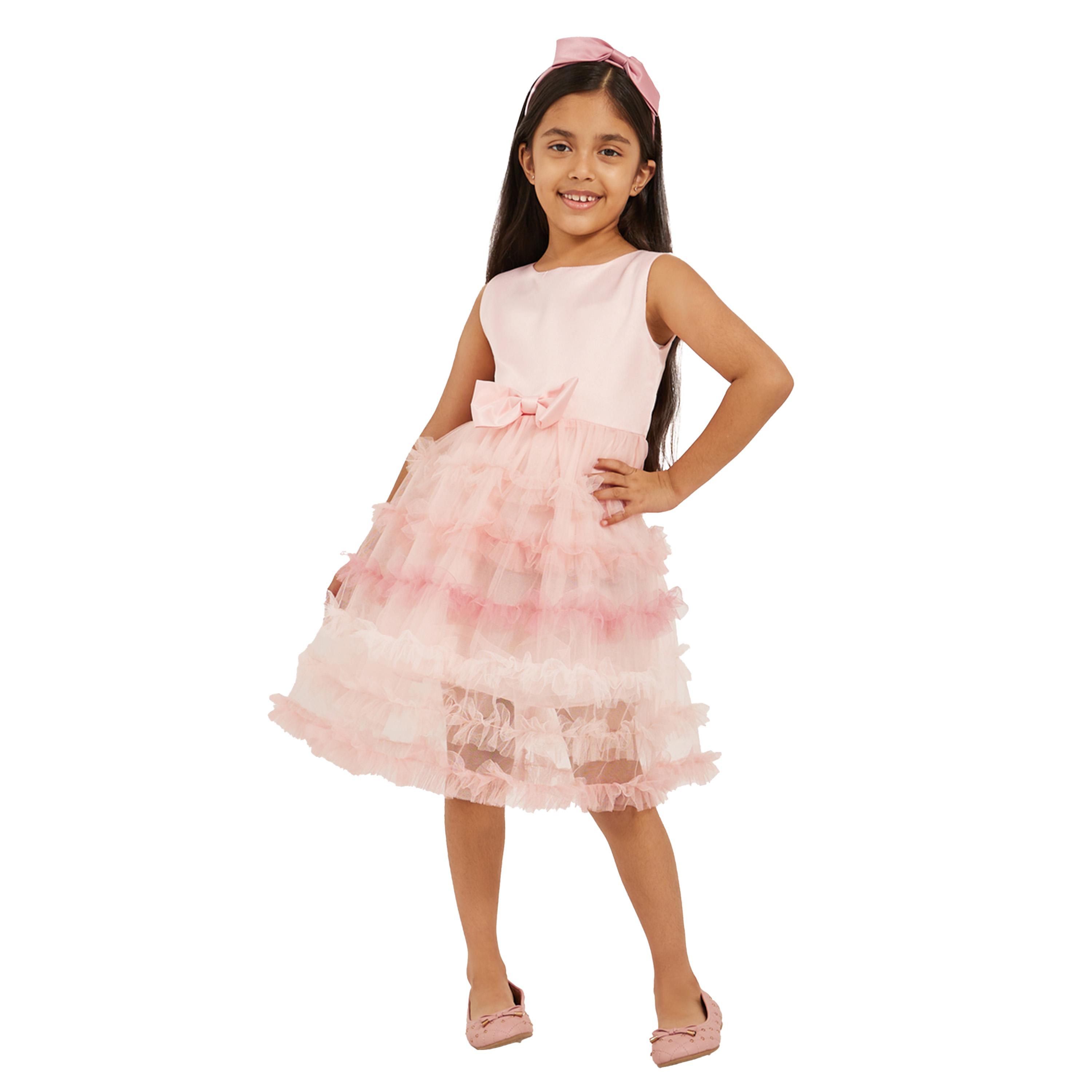 ستايلي - فستان مزين باللؤلؤ الصناعي مع فيونكة شبكية وبوليرو-girls-clothing-dressesandjumpsuits-image-5