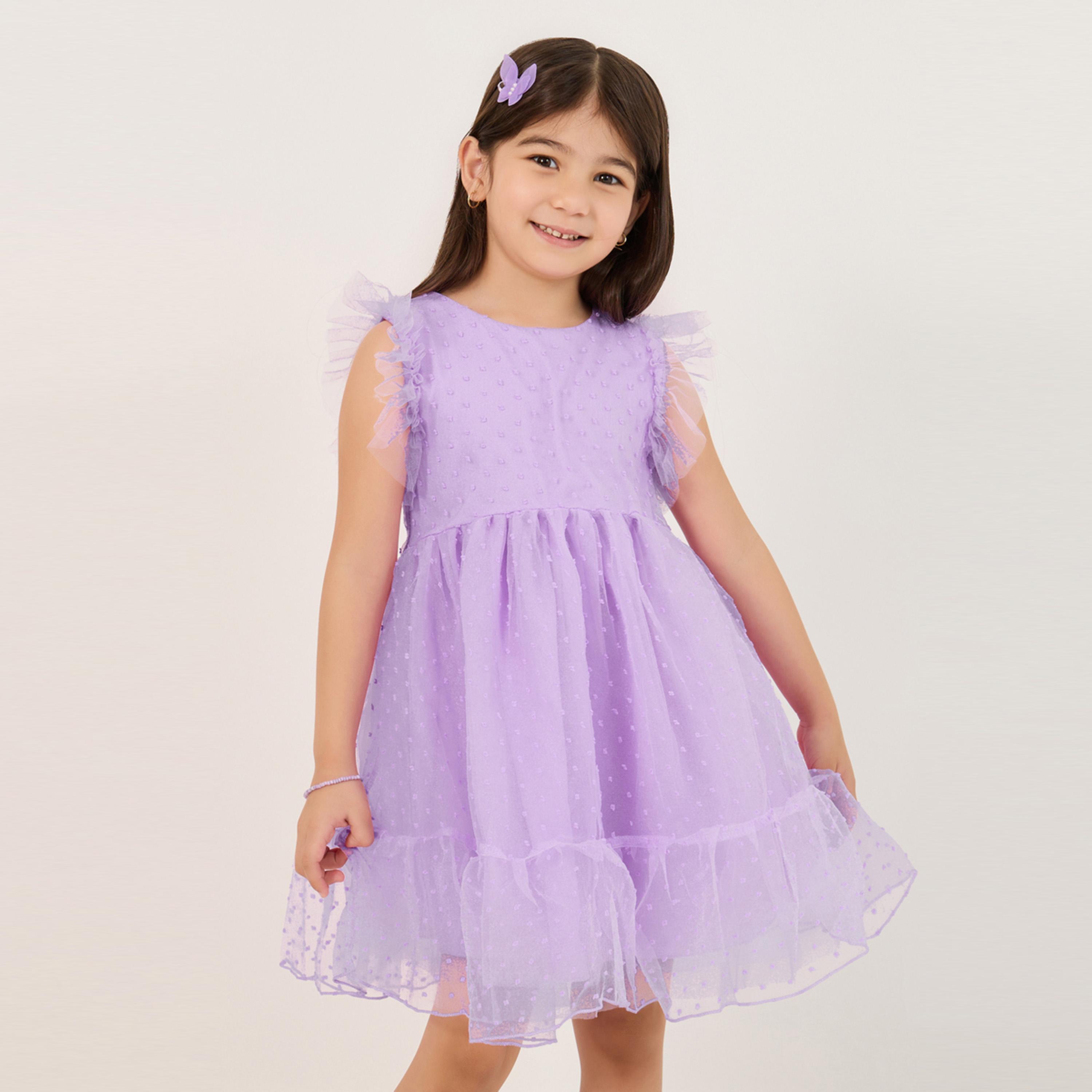 ستايلي - فستان بدون أكمام مع حافة مكشكشة وقماش شبكي-girls-clothing-dressesandjumpsuits-image-1