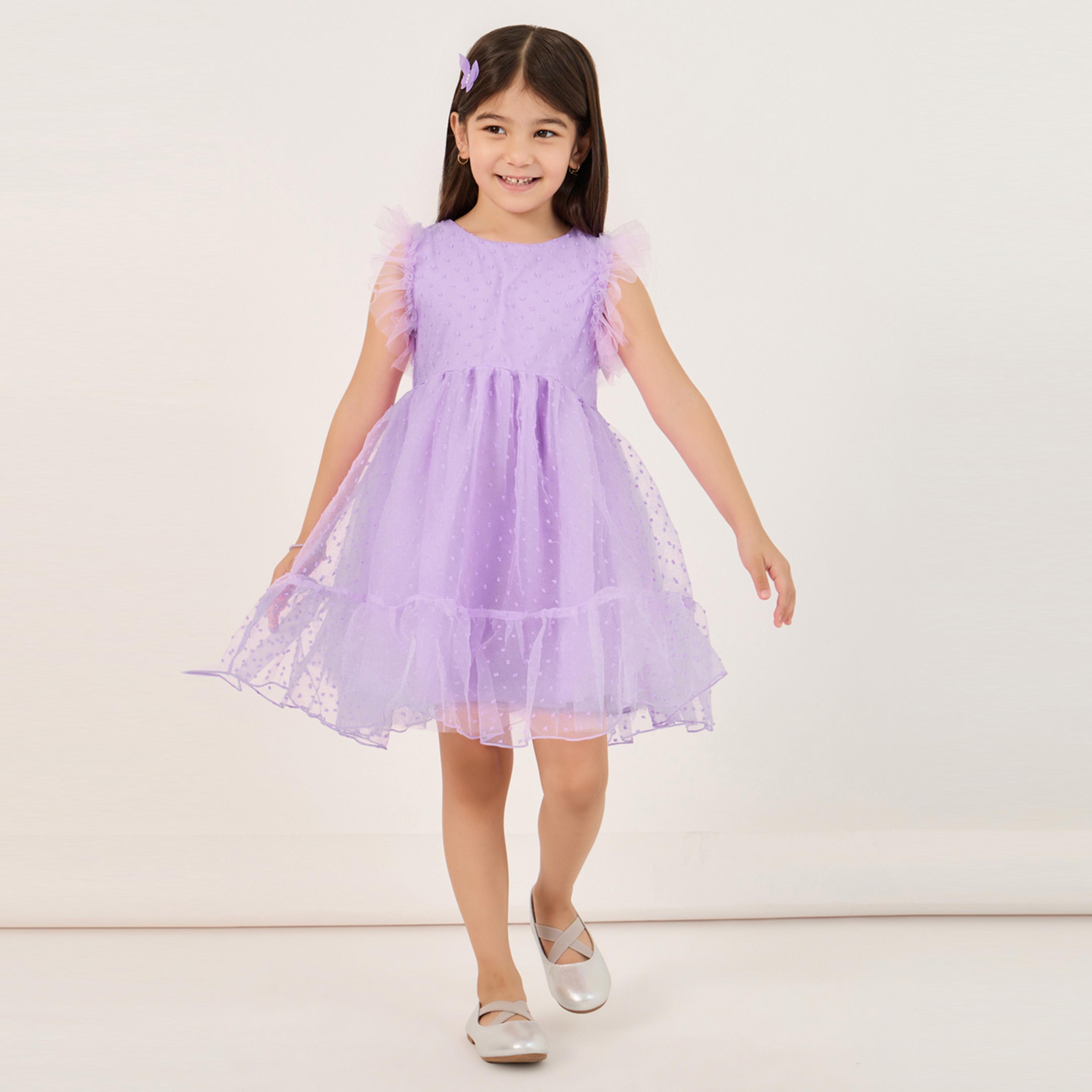 ستايلي - فستان بدون أكمام مع حافة مكشكشة وقماش شبكي-girls-clothing-dressesandjumpsuits-image-2
