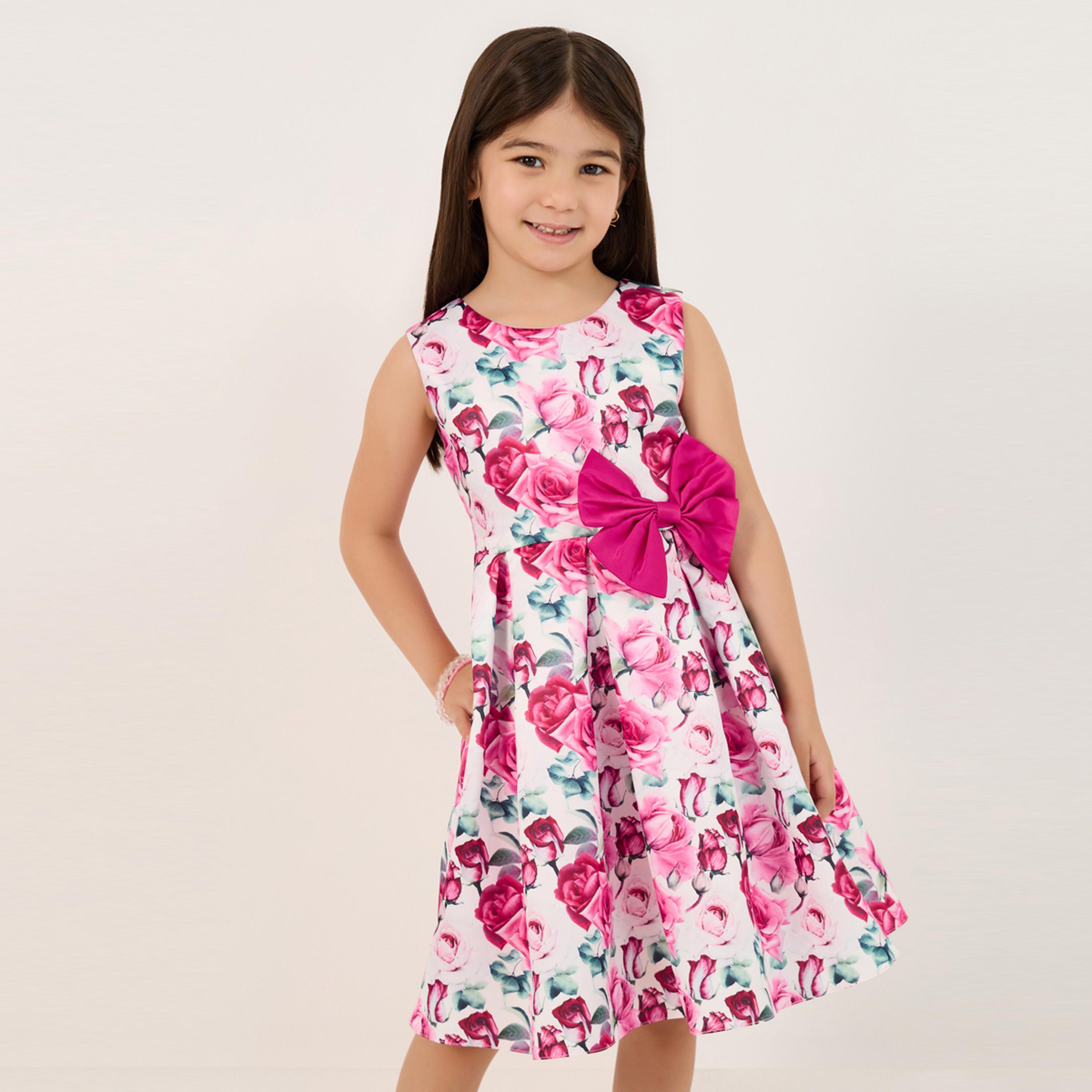 ستايلي - فستان بدون أكمام مورد بالكامل مع تفاصيل فيونكة-girls-clothing-dressesandjumpsuits-image-1