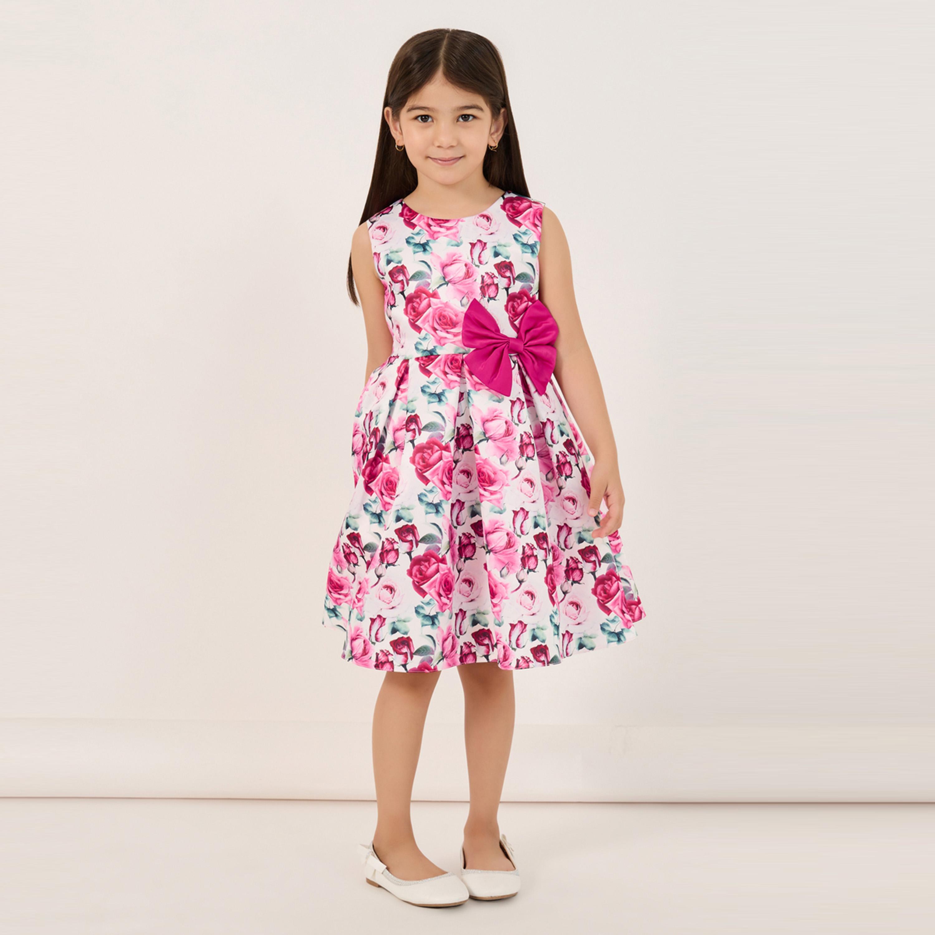 ستايلي - فستان بدون أكمام مورد بالكامل مع تفاصيل فيونكة-girls-clothing-dressesandjumpsuits-image-2
