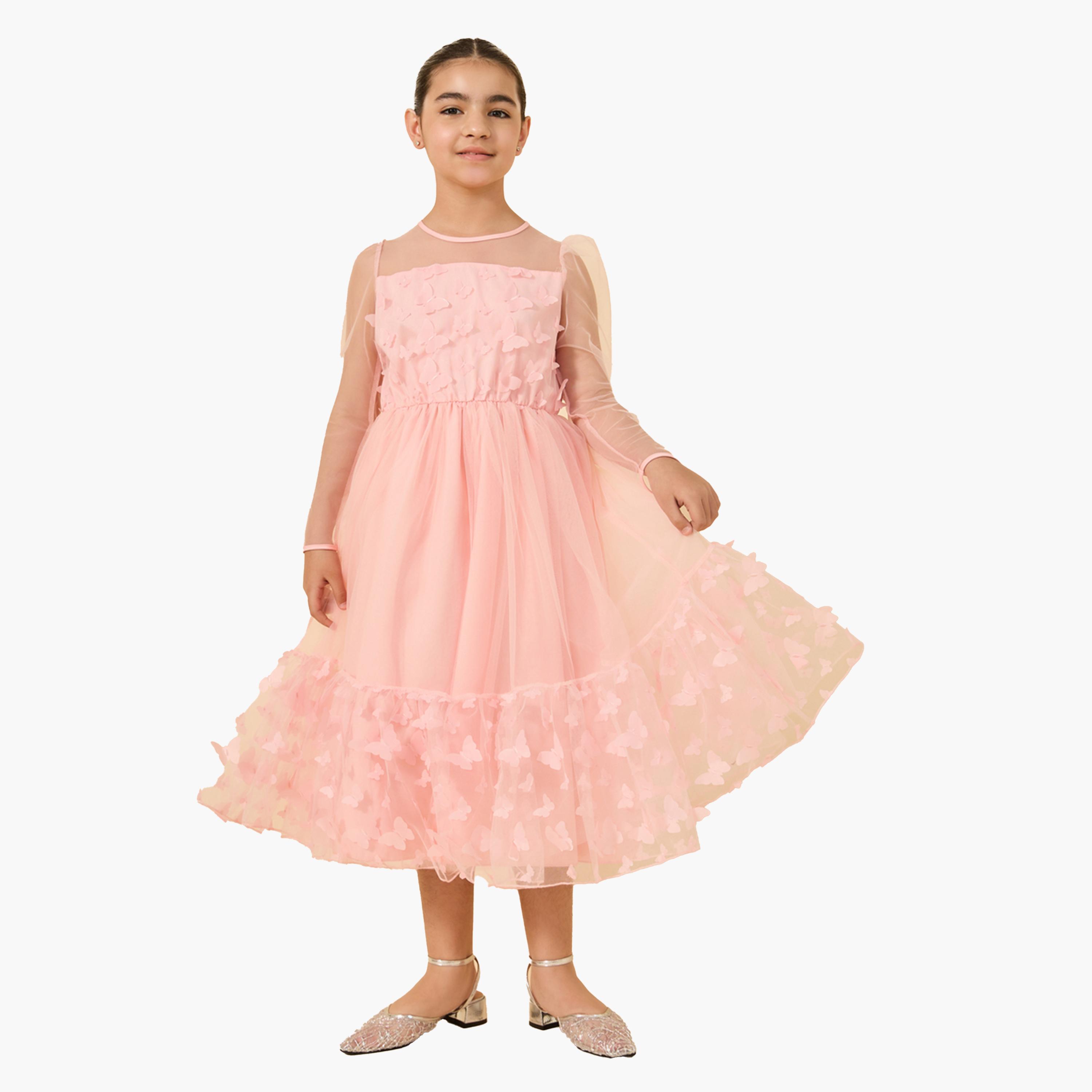 Styli Butterfly Appliques Mesh Insert Long Sleeve Dress-girls-clothing-dressesandjumpsuits-image-1