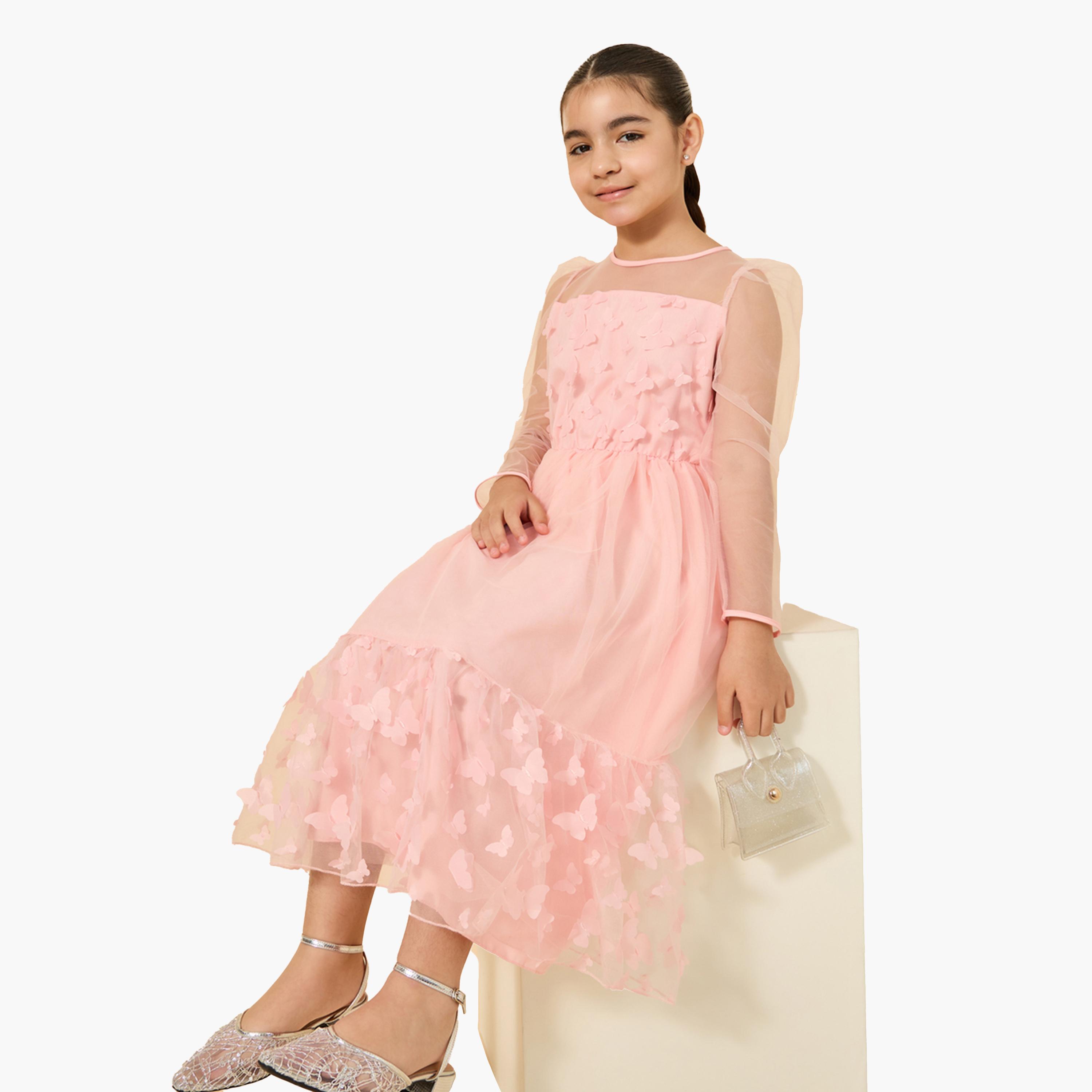 Styli Butterfly Appliques Mesh Insert Long Sleeve Dress-girls-clothing-dressesandjumpsuits-image-2