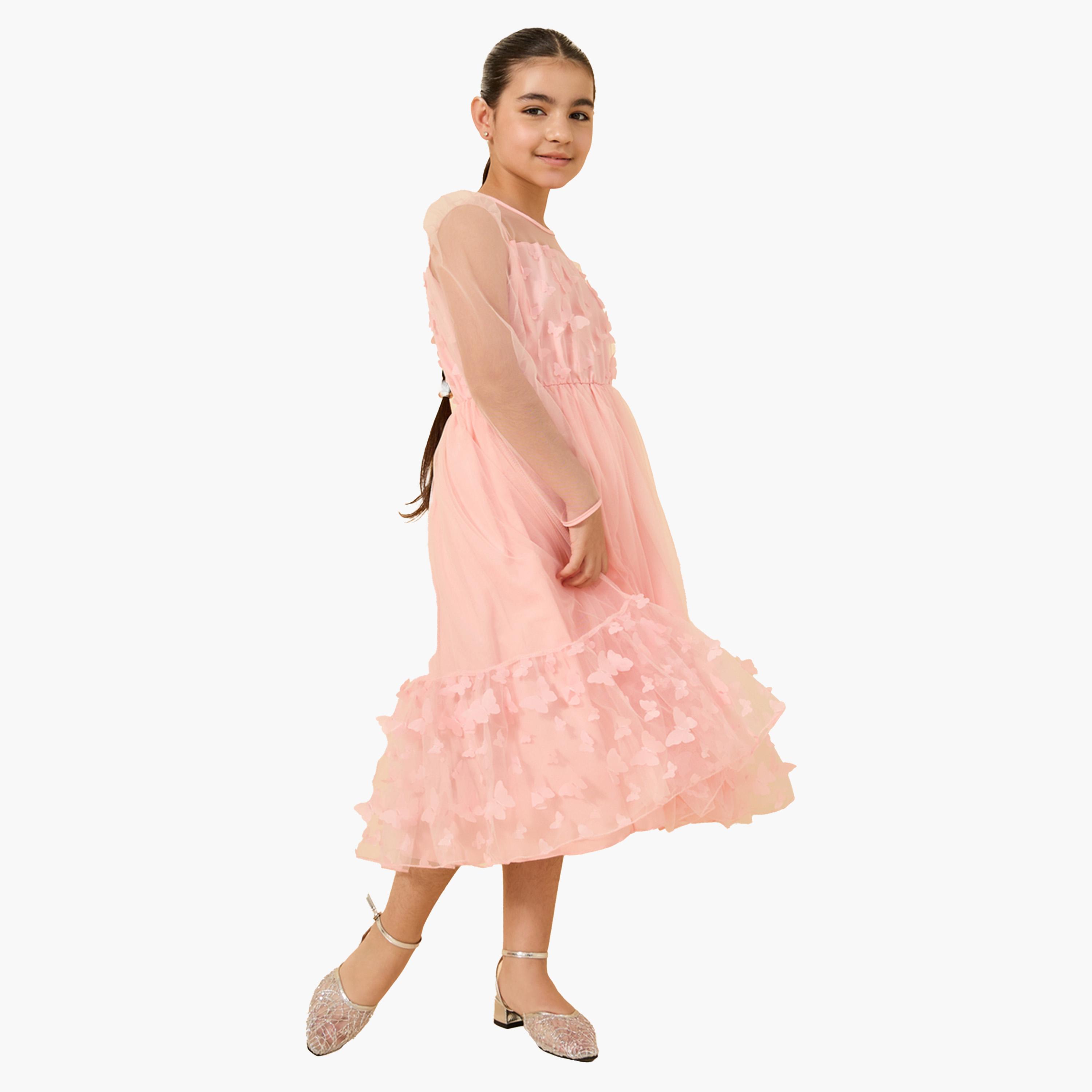 Styli Butterfly Appliques Mesh Insert Long Sleeve Dress-girls-clothing-dressesandjumpsuits-image-3