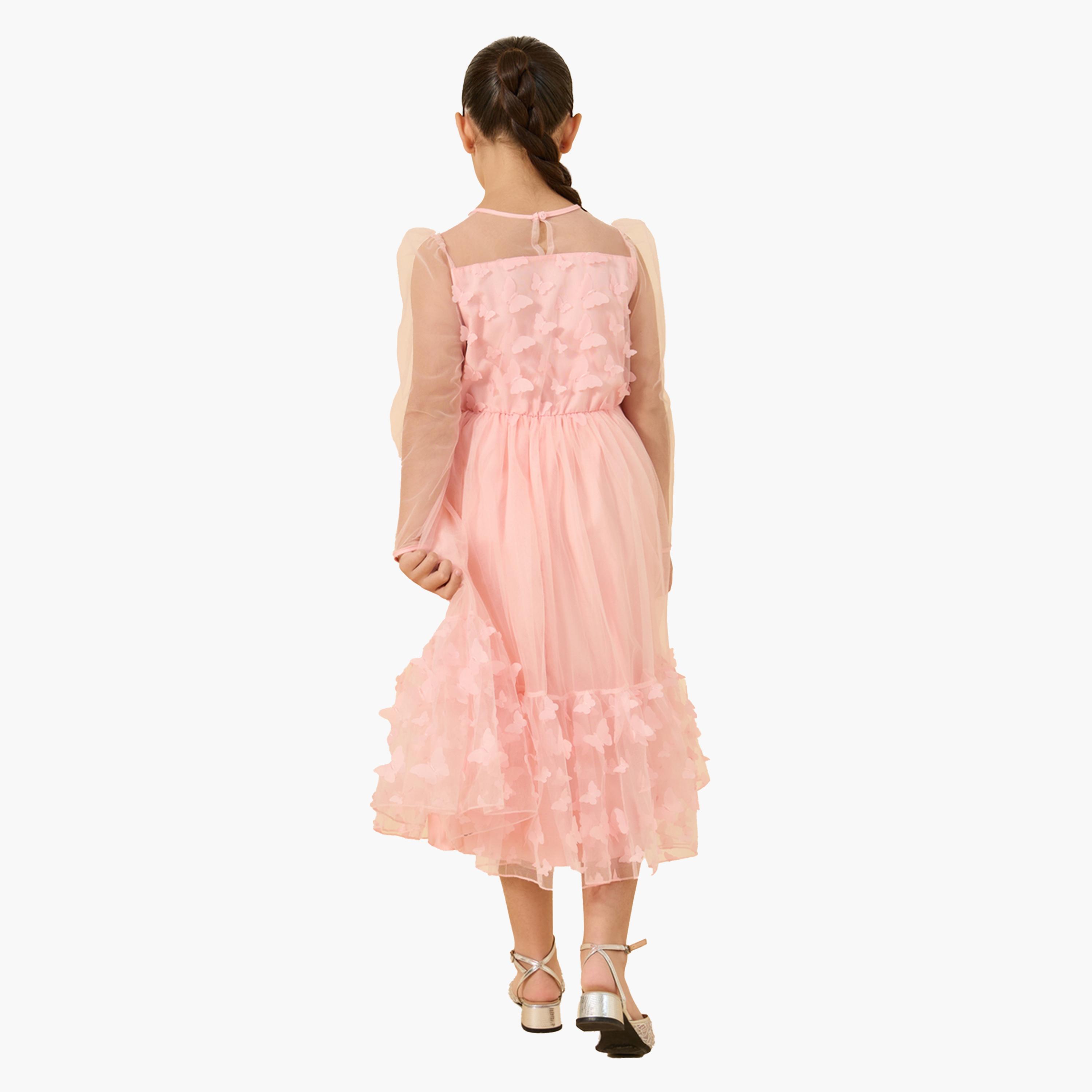 Styli Butterfly Appliques Mesh Insert Long Sleeve Dress-girls-clothing-dressesandjumpsuits-image-5