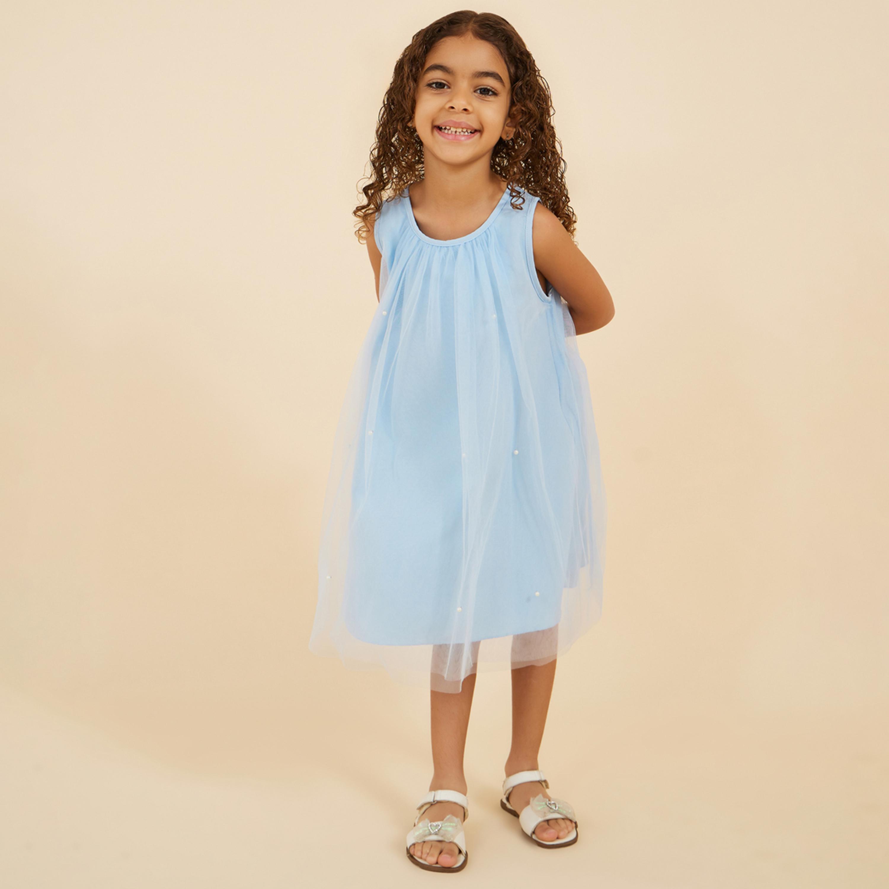 Styli Toddler Girls Mesh dress with pearl applique and bag-girls-clothing-dressesandjumpsuits-image-1