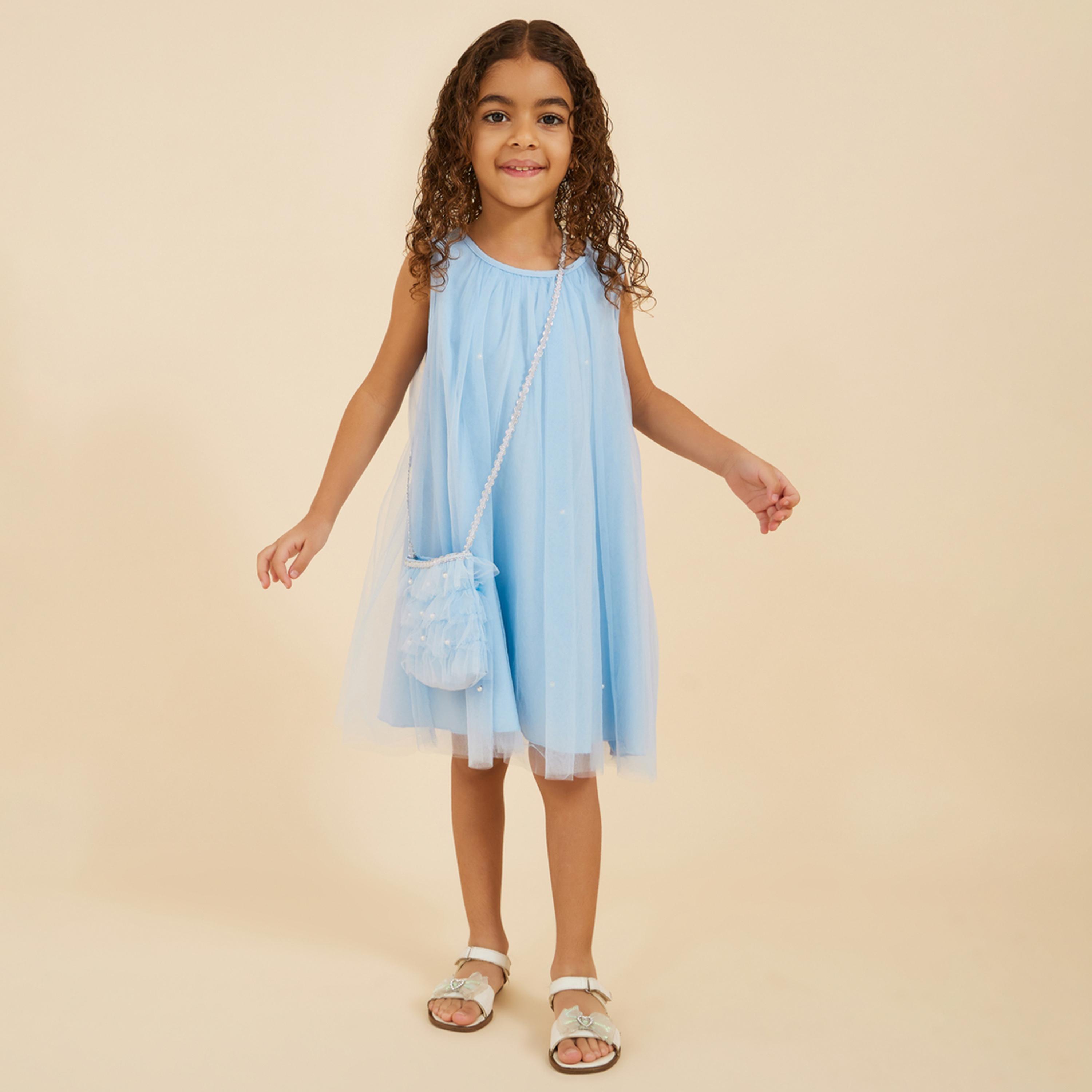 Styli Toddler Girls Mesh dress with pearl applique and bag-girls-clothing-dressesandjumpsuits-image-2