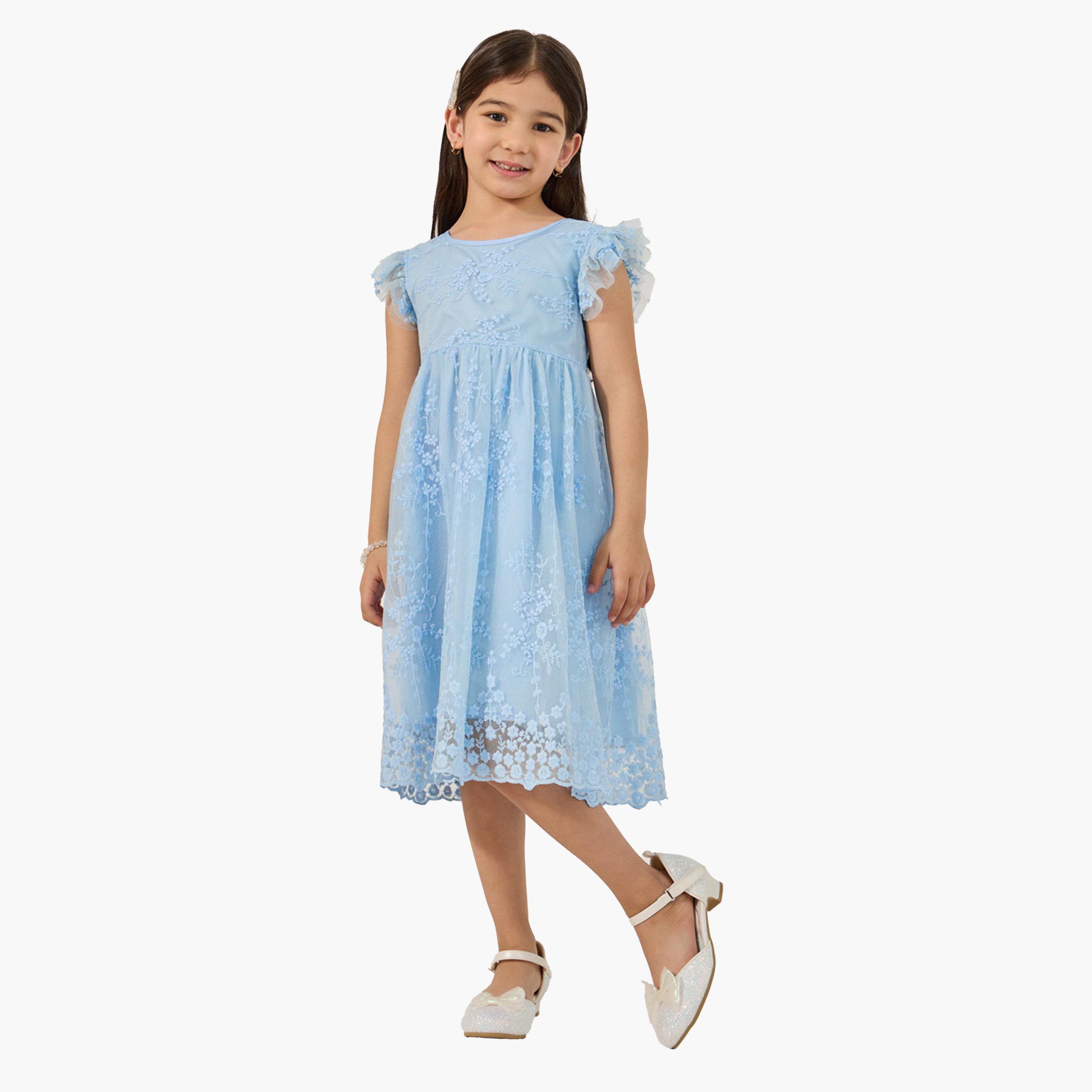 Styli Frill Sleeve Round Neck Pleated Lace Dress-girls-clothing-dressesandjumpsuits-image-1