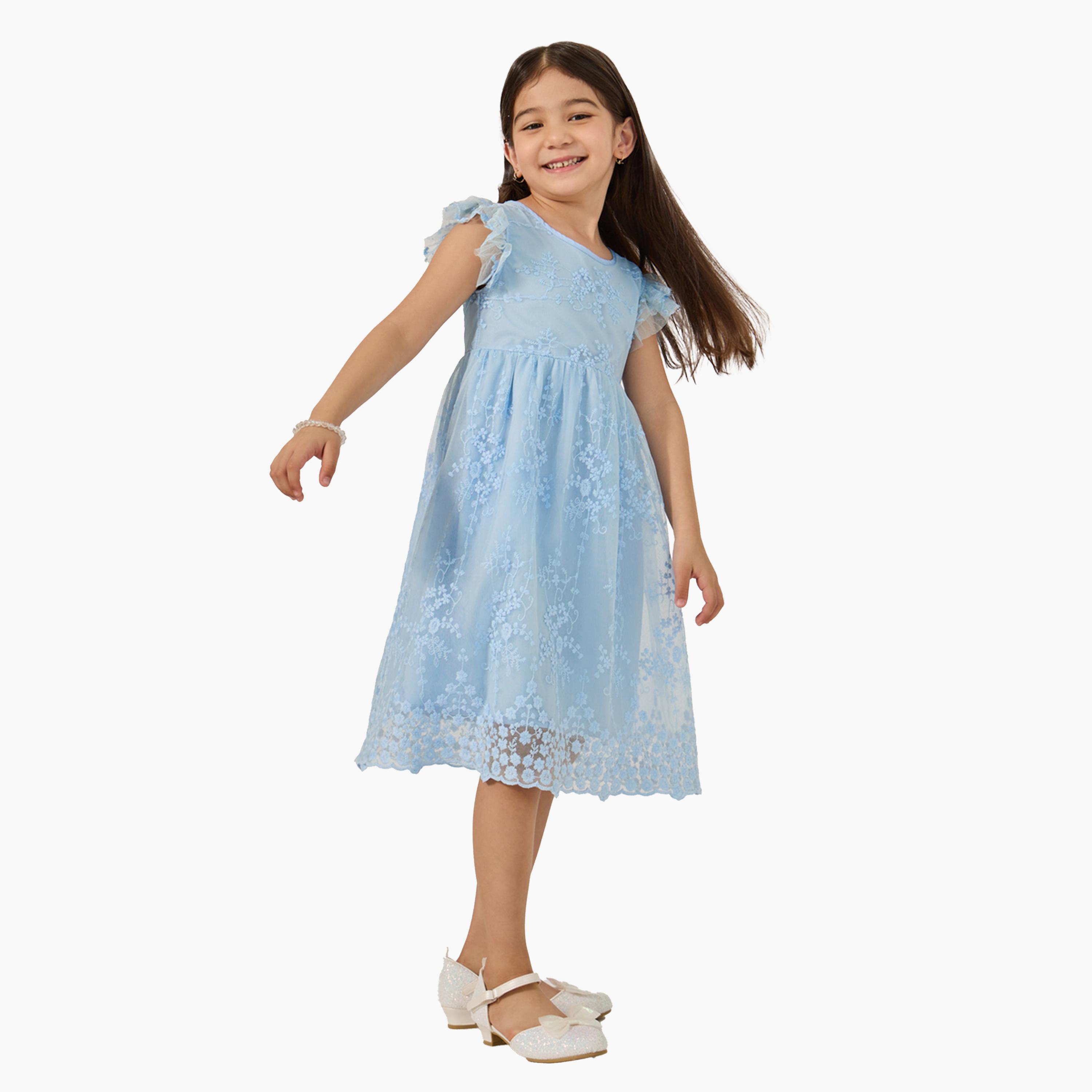 ستايلي-  فستان دانتيل مطوي بأكمام مكشكشة ورقبة دائرية-girls-clothing-dressesandjumpsuits-image-2