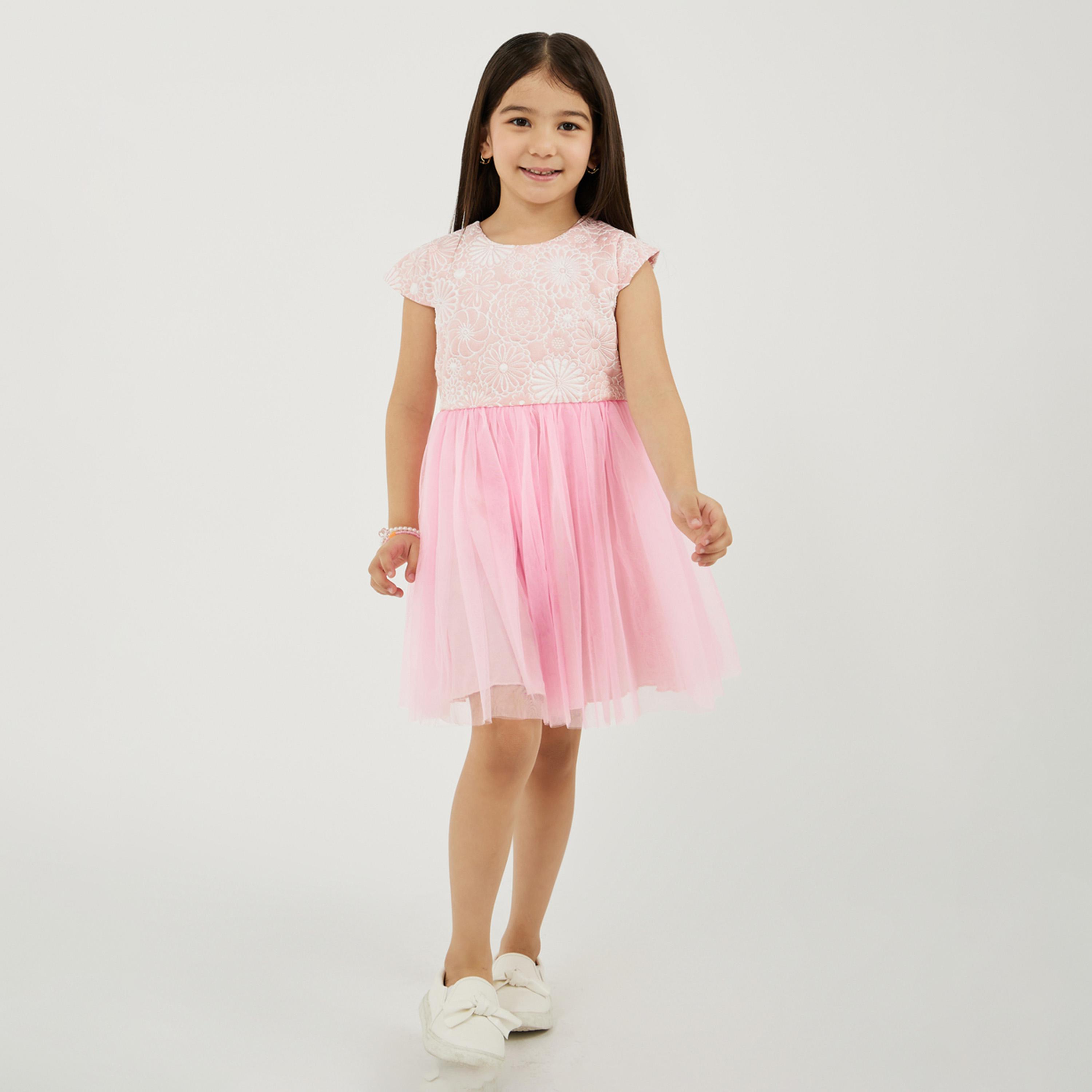 ستايلي - فستان جاكار للفتيات الصغيرات مع جزء سفلي شبكي-girls-clothing-dressesandjumpsuits-image-1