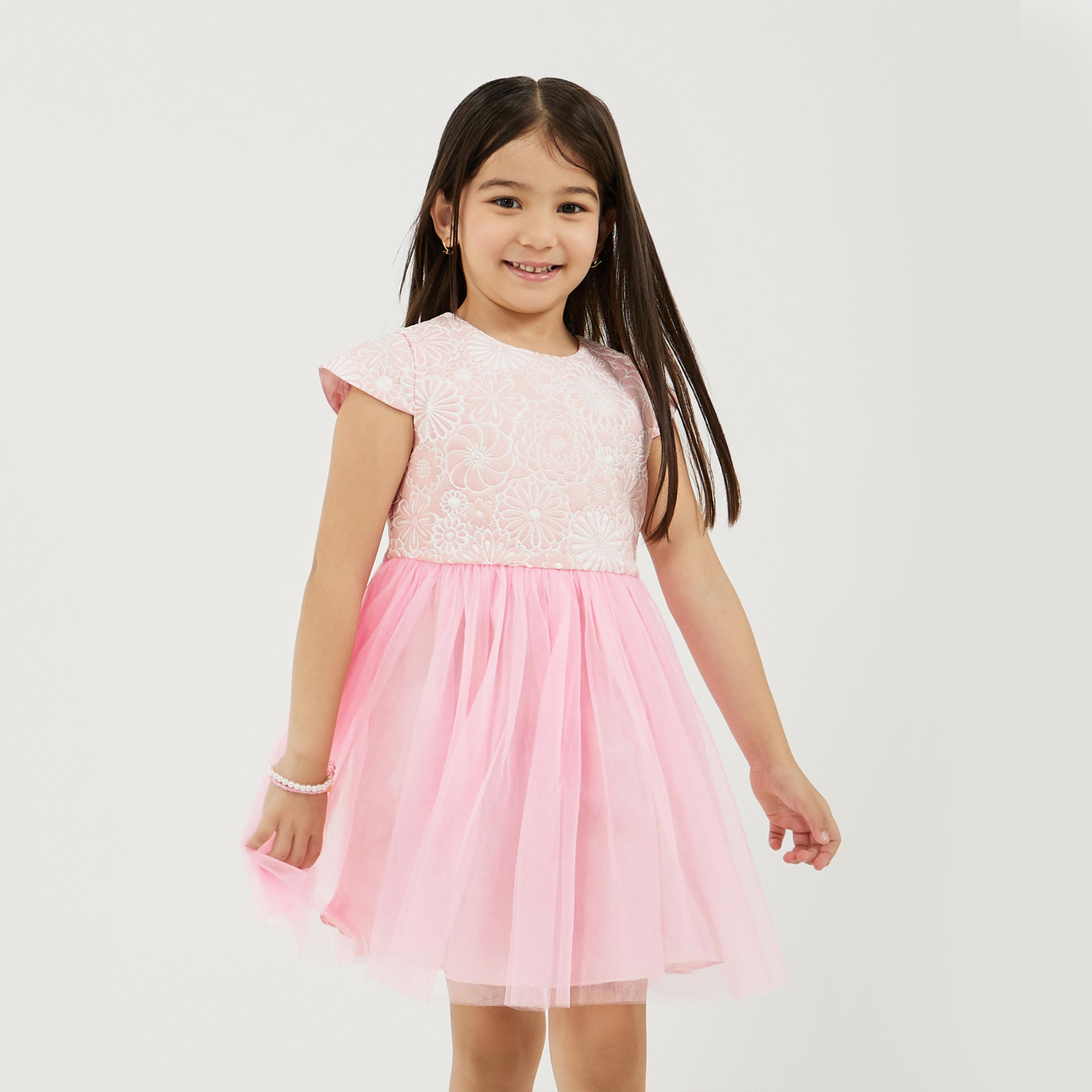 ستايلي - فستان جاكار للفتيات الصغيرات مع جزء سفلي شبكي-girls-clothing-dressesandjumpsuits-image-2