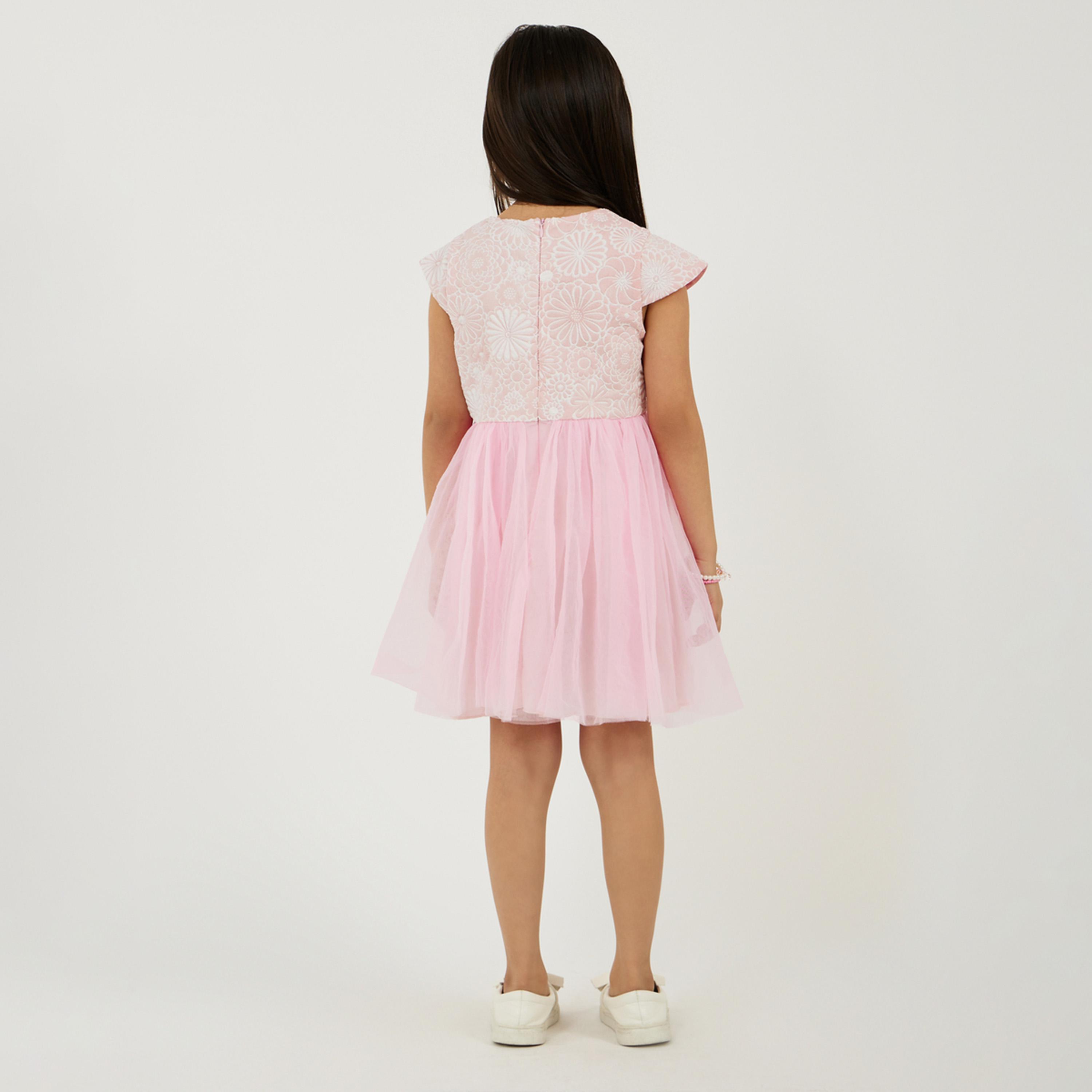 ستايلي - فستان جاكار للفتيات الصغيرات مع جزء سفلي شبكي-girls-clothing-dressesandjumpsuits-image-4