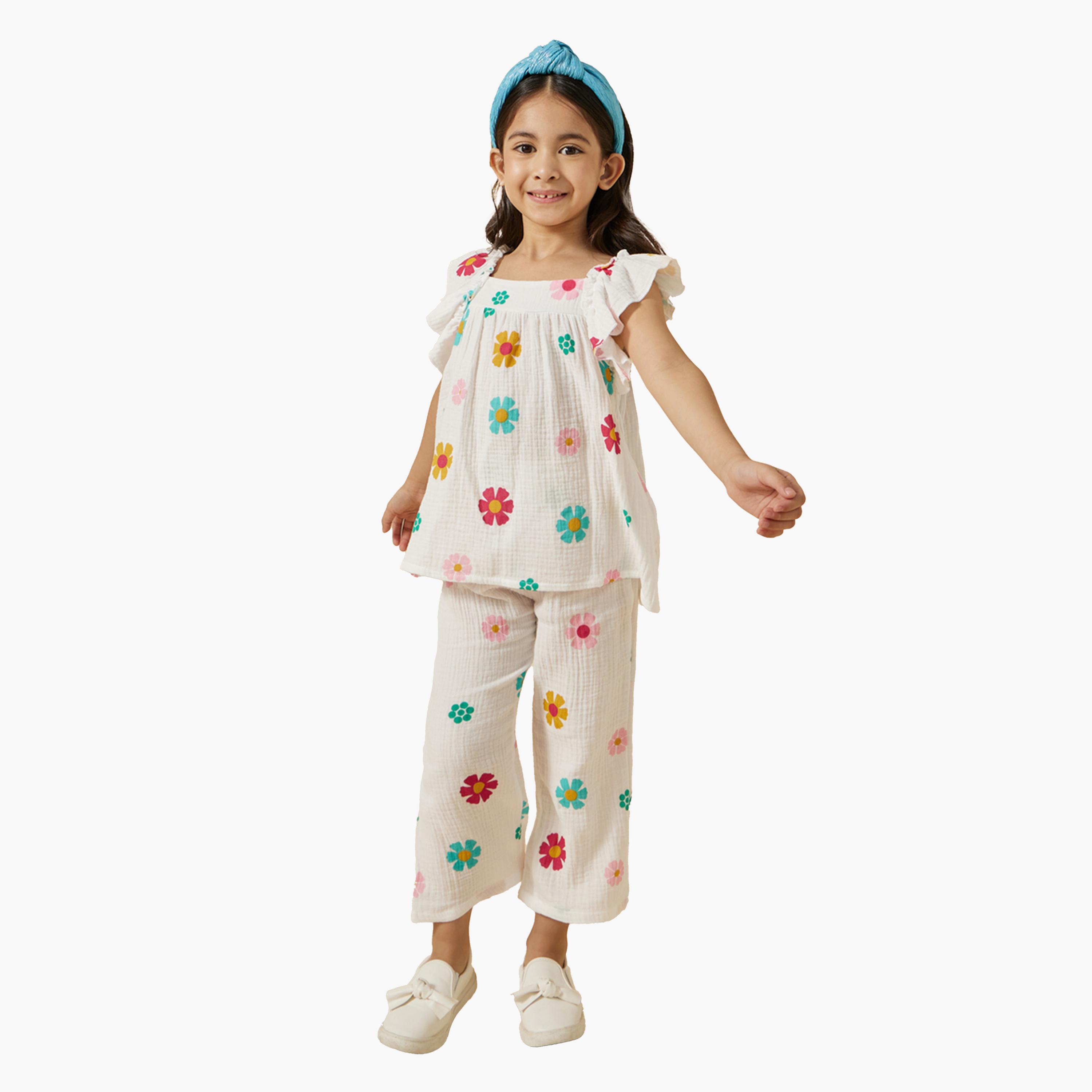 Styli Floral Print Frill Sleeve Top and Pants Set-girls-clothing-setsandcoords-image-1