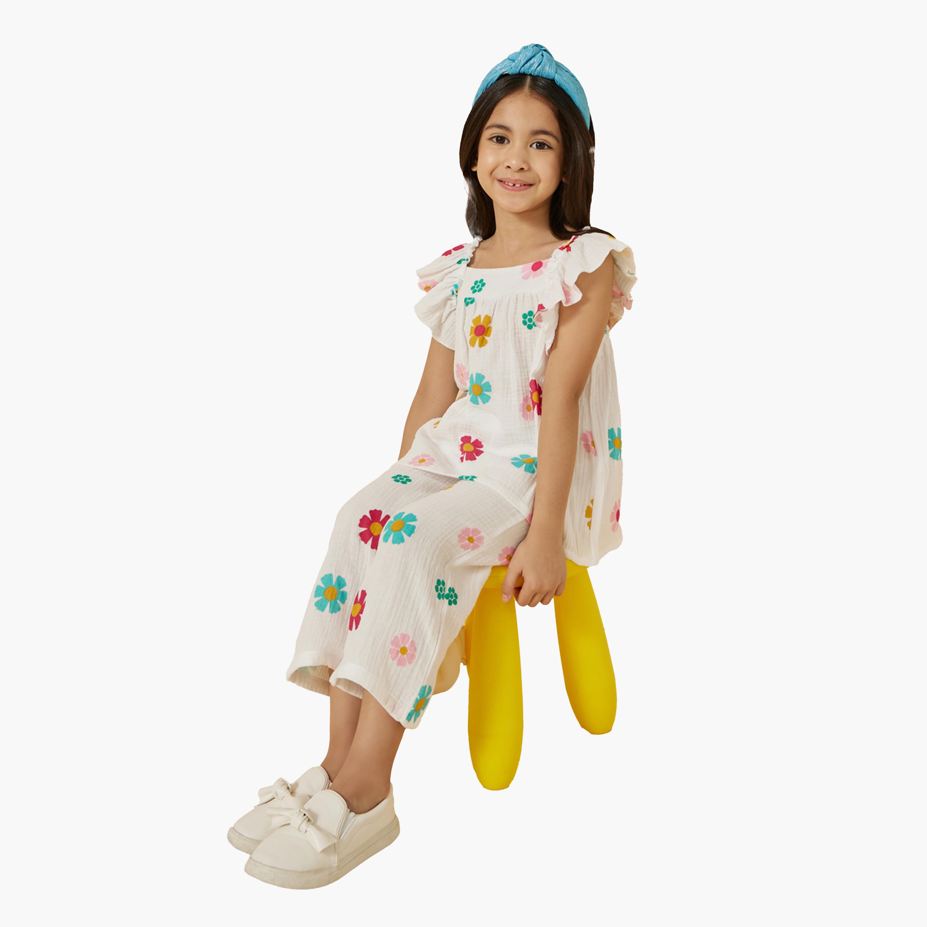 ستايلي-  طقم بلوزة وبنطال بأكمام مكشكشة وطبعة زهور-girls-clothing-setsandcoords-image-2