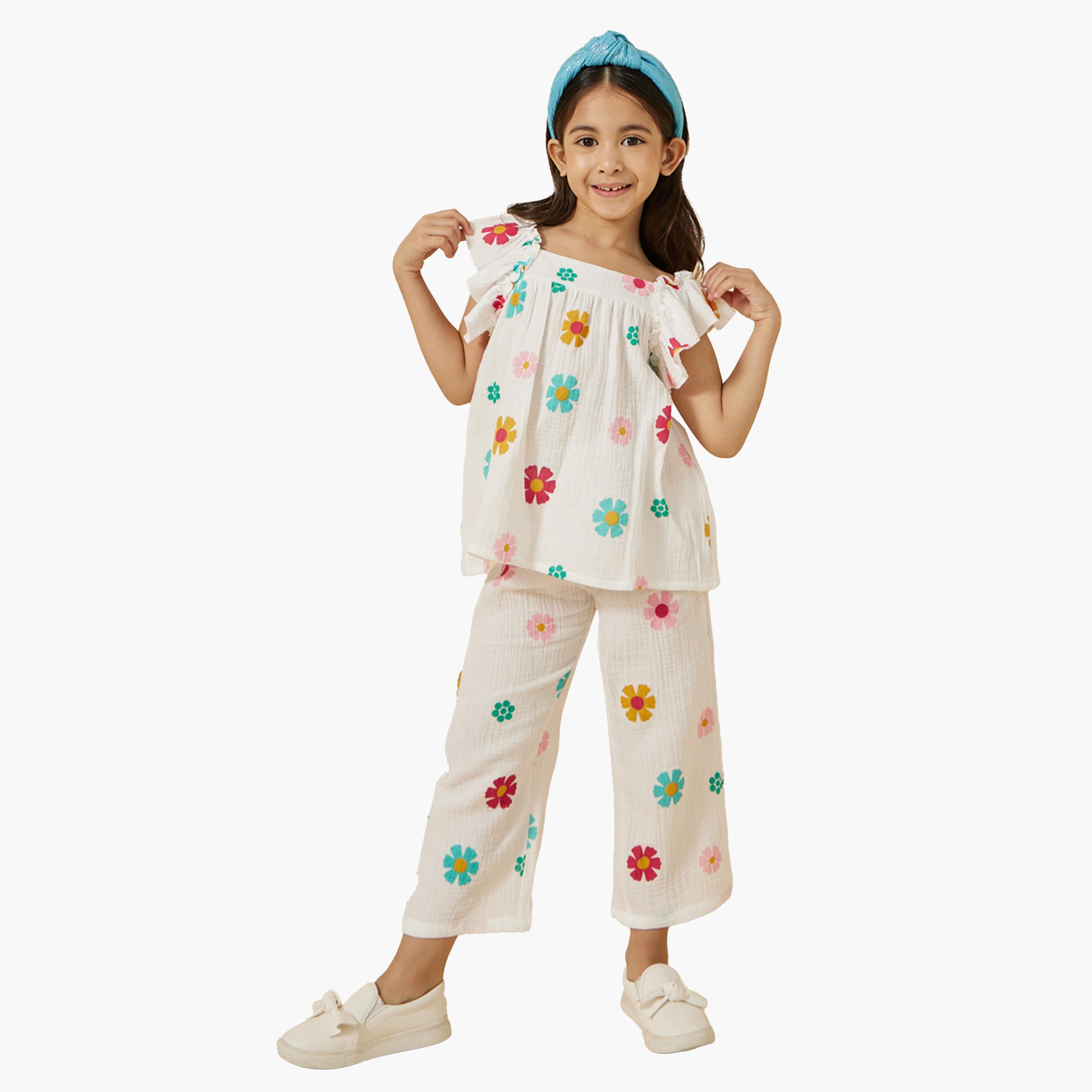 ستايلي-  طقم بلوزة وبنطال بأكمام مكشكشة وطبعة زهور-girls-clothing-setsandcoords-image-3