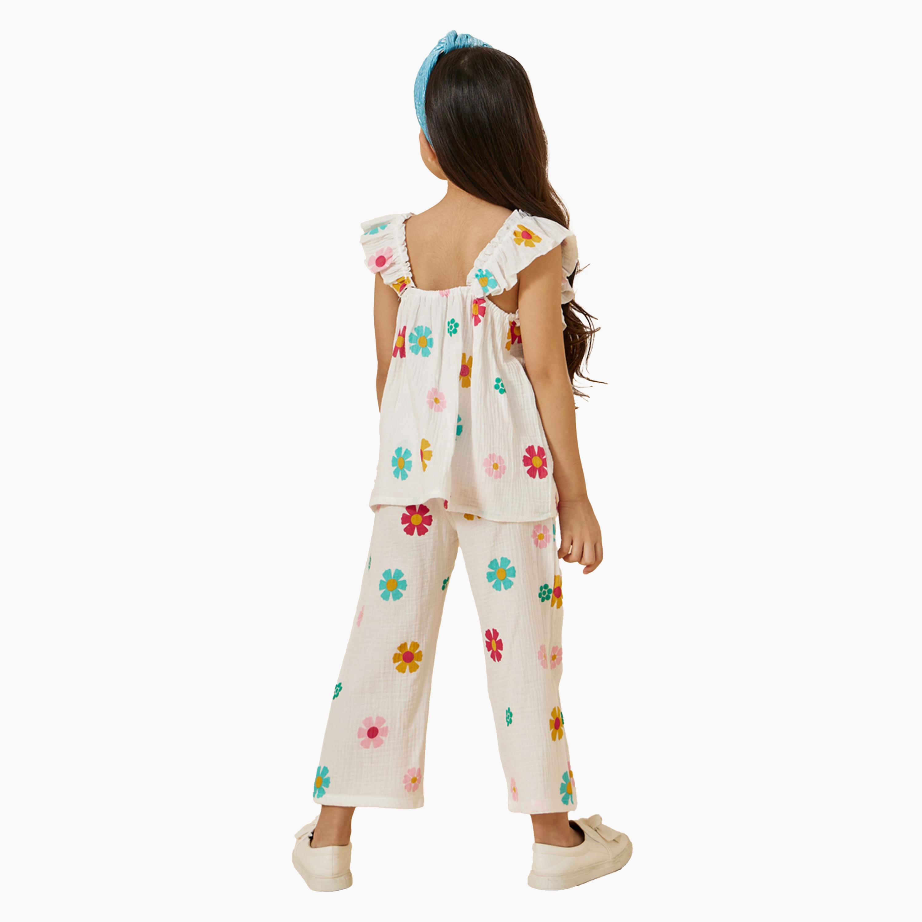 ستايلي-  طقم بلوزة وبنطال بأكمام مكشكشة وطبعة زهور-girls-clothing-setsandcoords-image-6