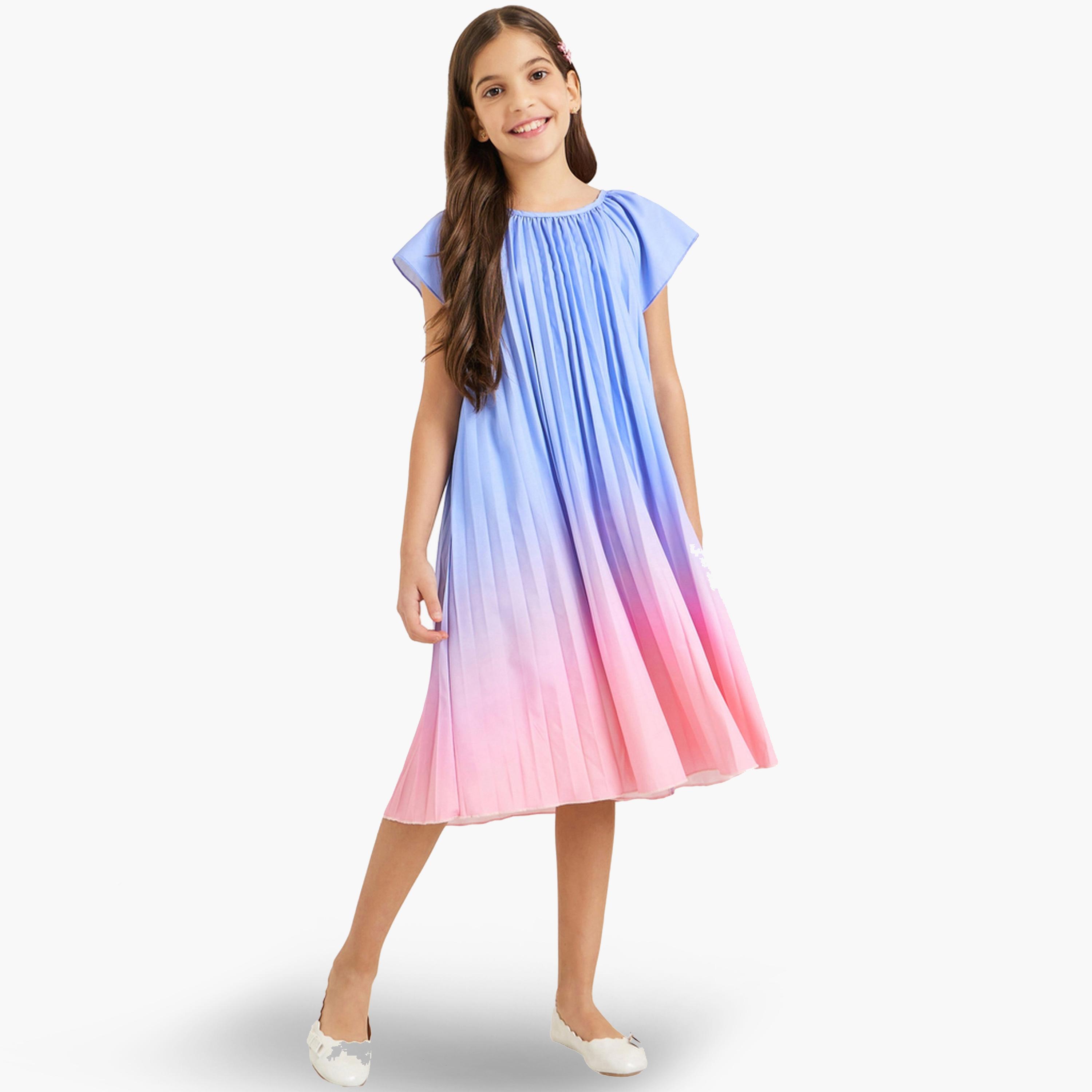 فستان ميدي بحافة واسعة بكسرات-girls-clothing-dressesandjumpsuits-image-1