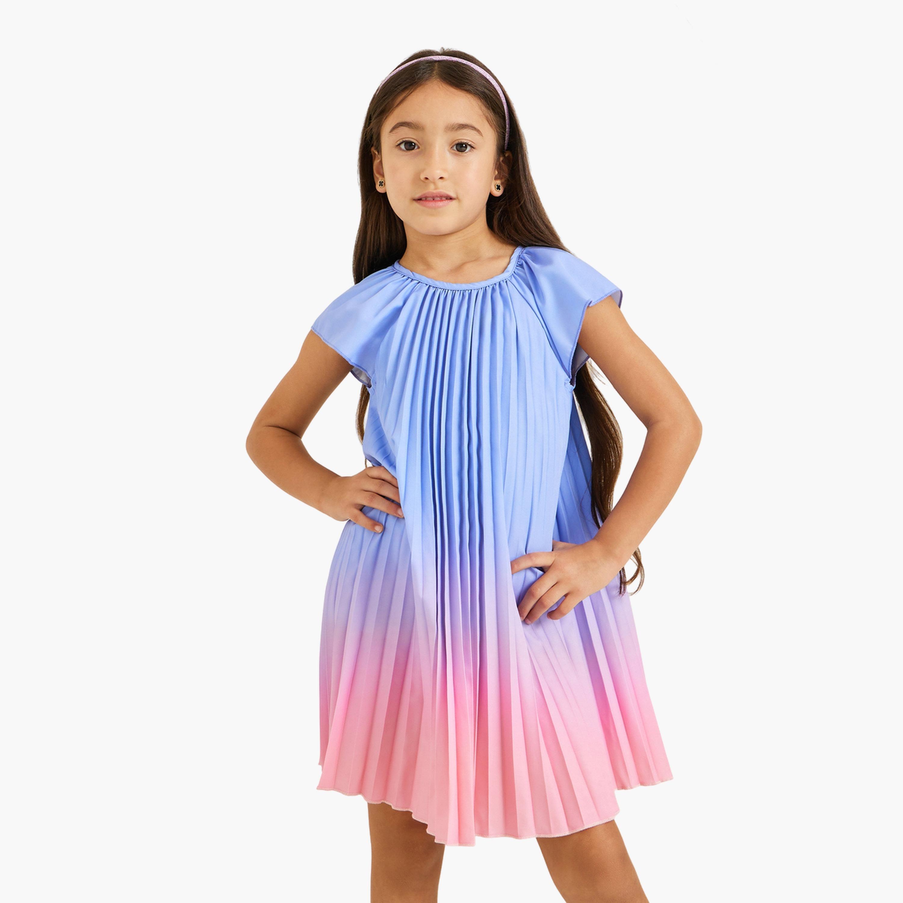 فستان ميدي بطيات وطبعة أومبري-girls-clothing-dressesandjumpsuits-image-1