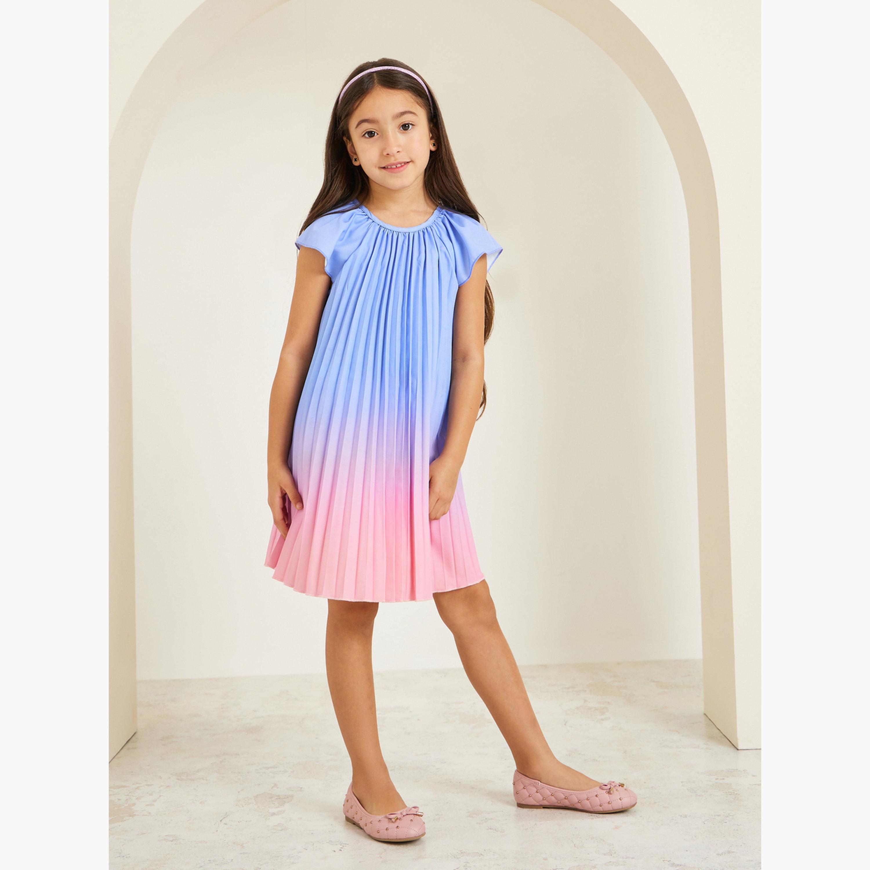 فستان ميدي بطيات وطبعة أومبري-girls-clothing-dressesandjumpsuits-image-2