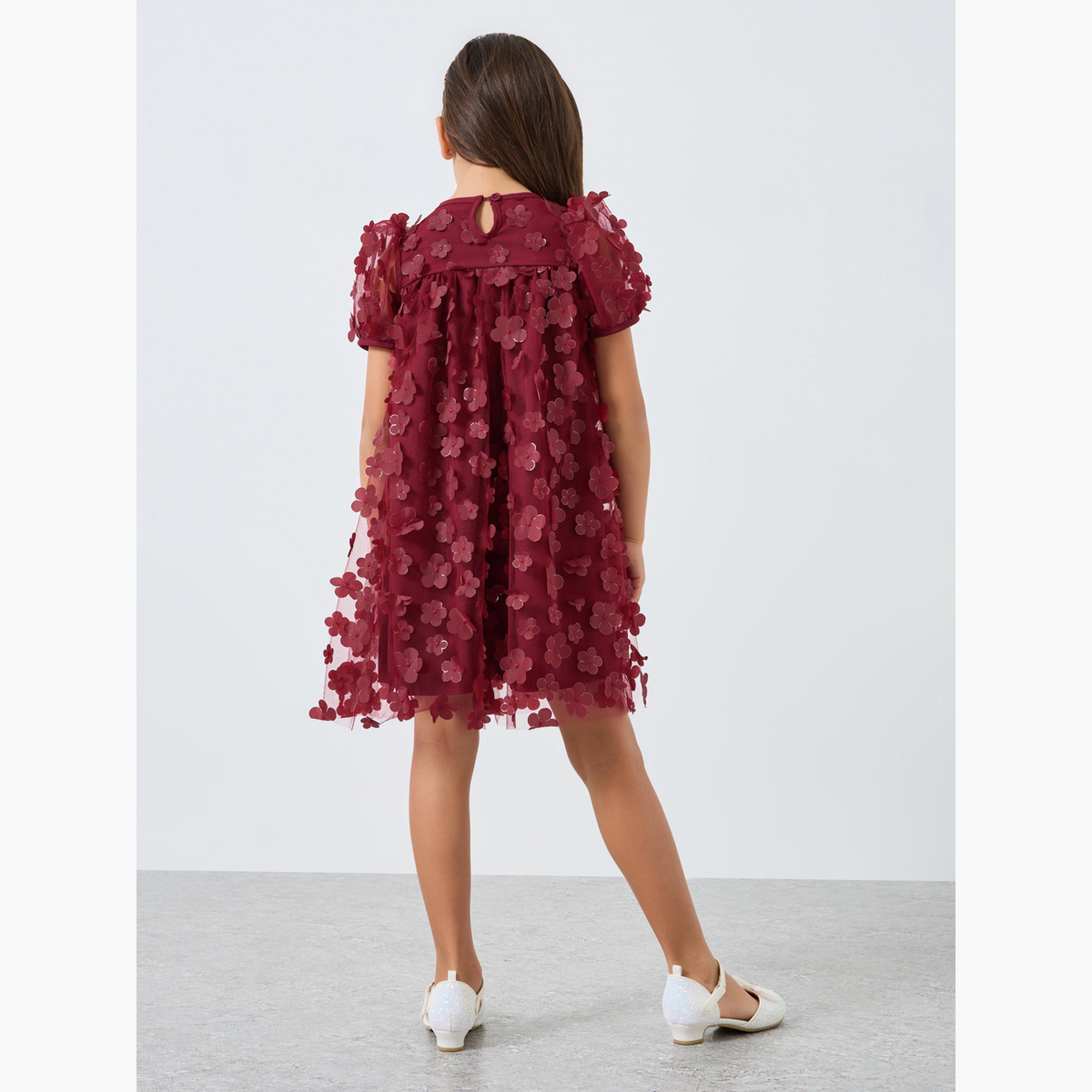 فستان قصير بحافة واسعة وتفاصيل أزهار-girls-clothing-dressesandjumpsuits-image-4