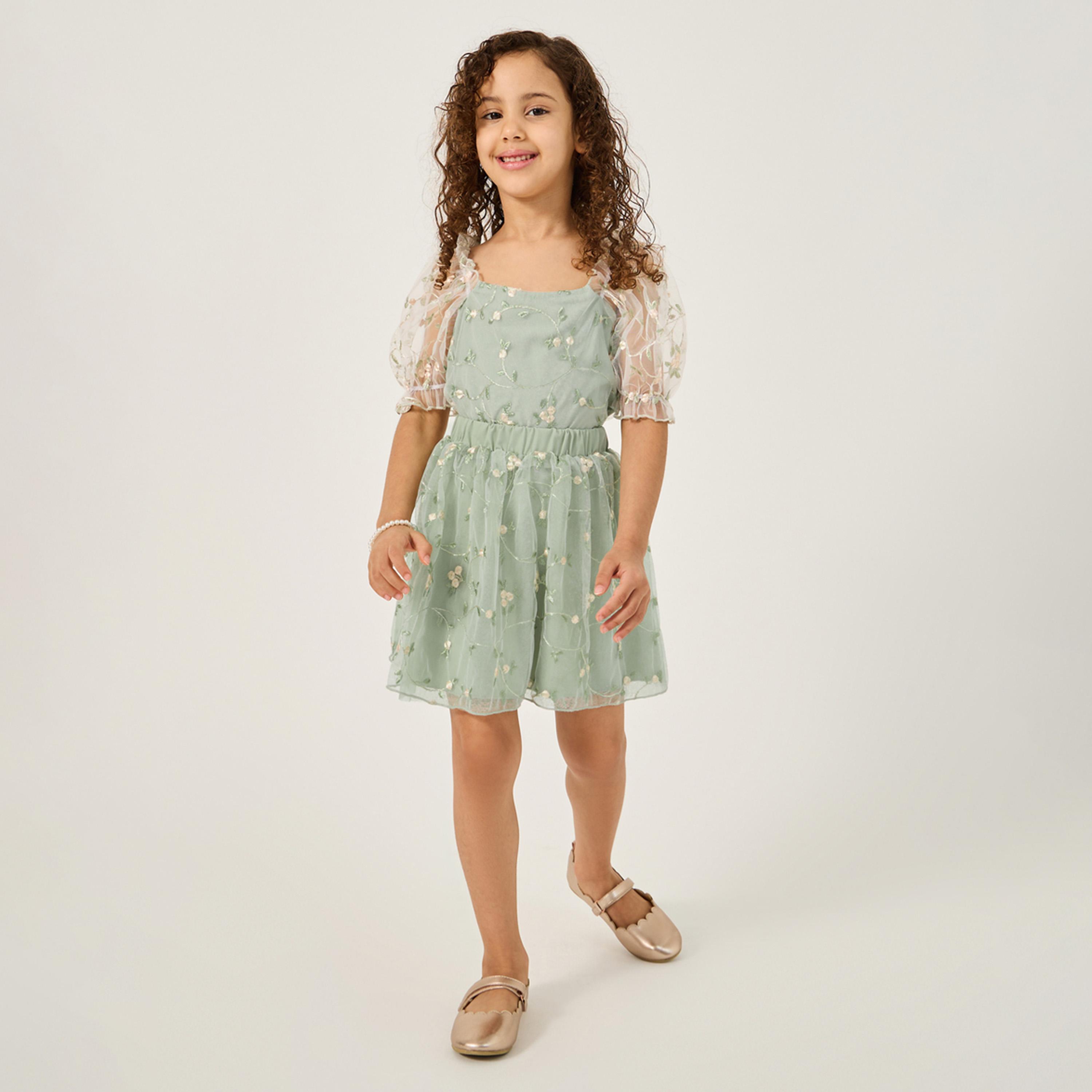 ستايلي - ليميتد - طقم تنورة وقميص للبنات الصغار مع تطريز-girls-clothing-setsandcoords-image-1