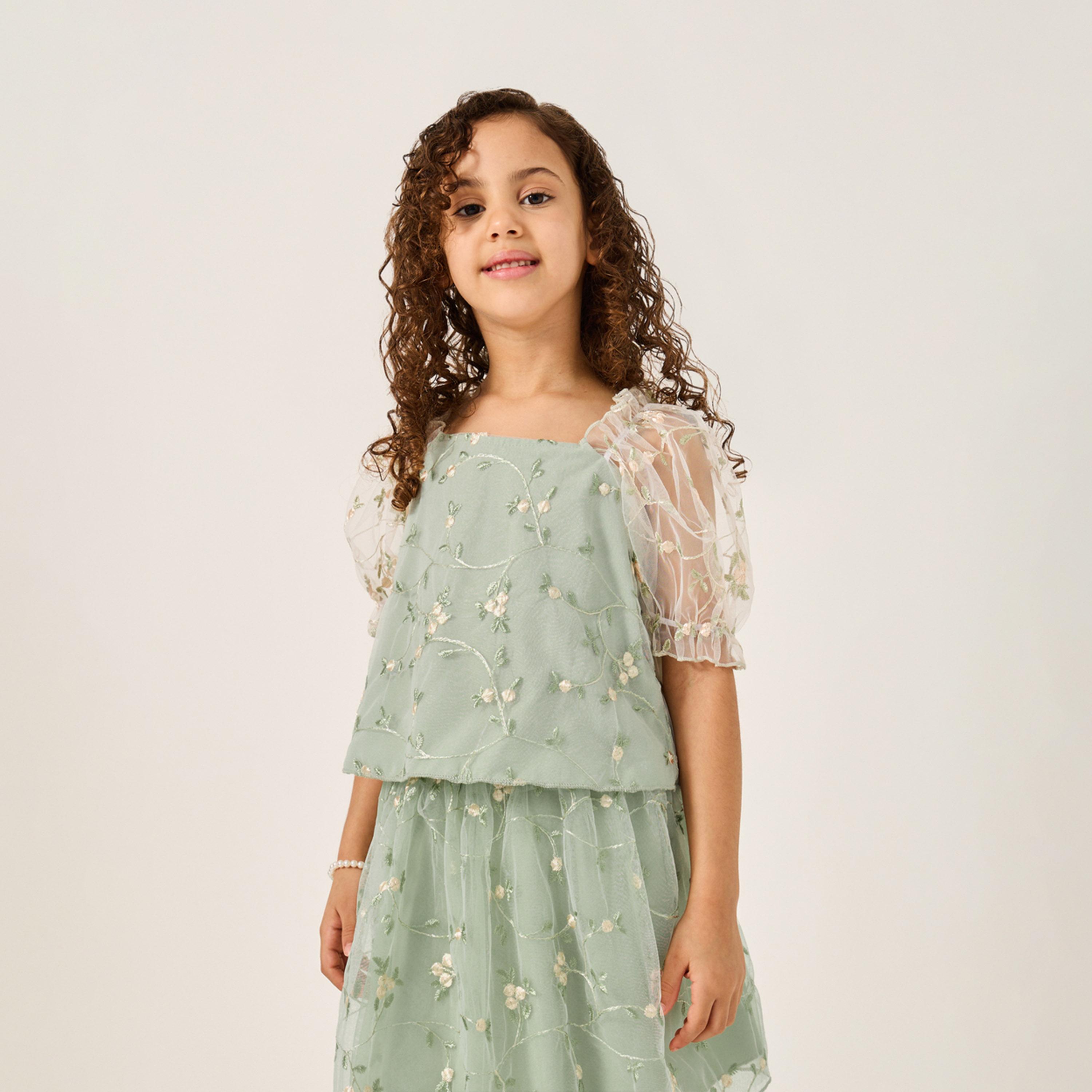 ستايلي - ليميتد - طقم تنورة وقميص للبنات الصغار مع تطريز-girls-clothing-setsandcoords-image-2