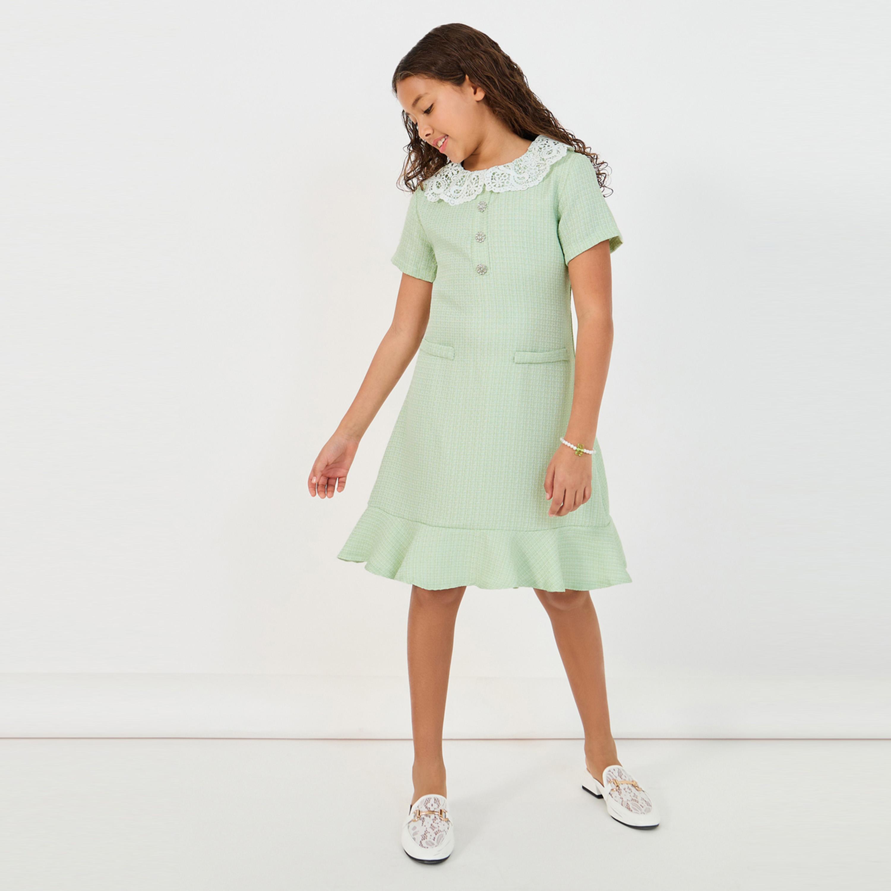 ستايلي - فستان تويد بياقة بيتر بان مع حافة مكشكشة-girls-clothing-dressesandjumpsuits-image-1