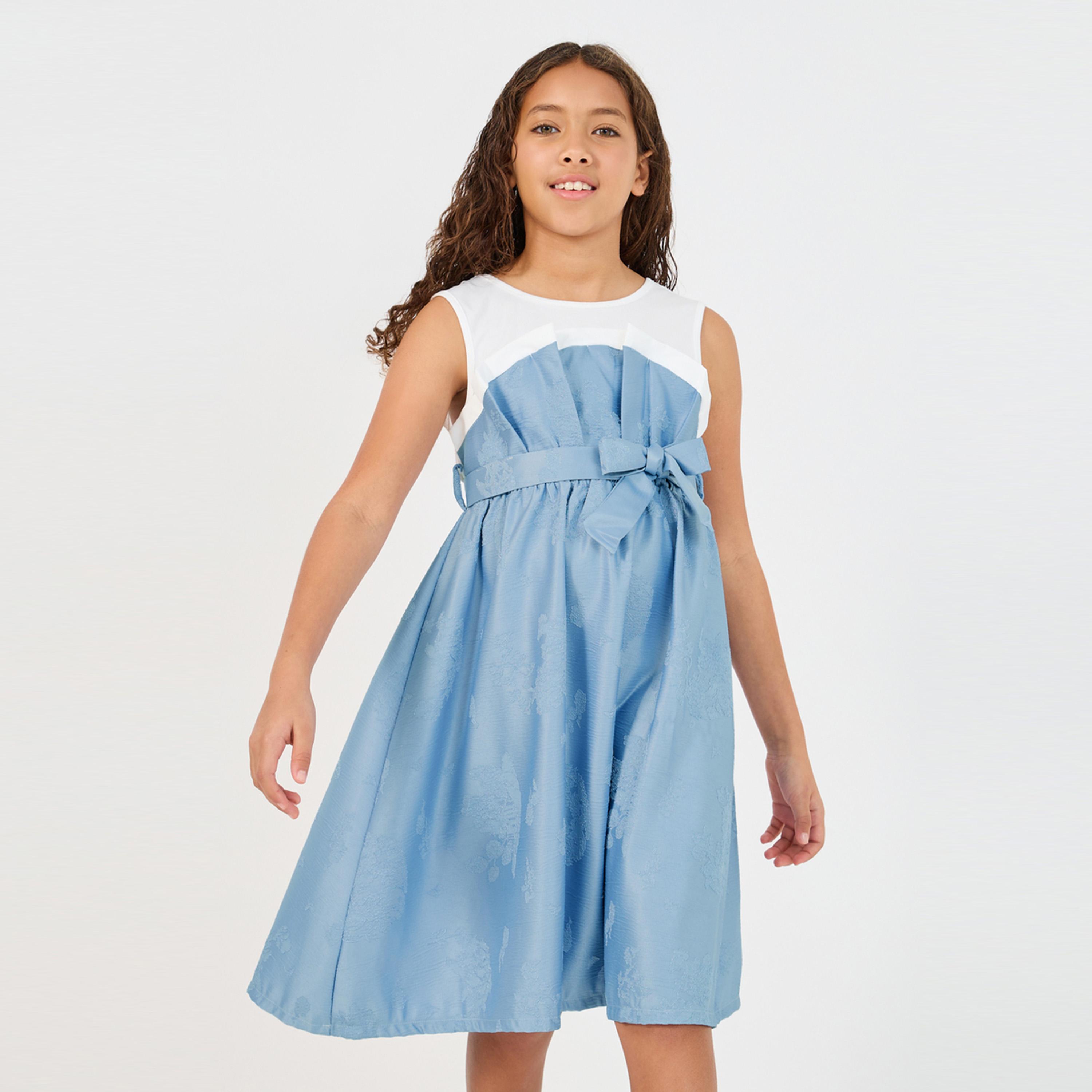 ستايلي - فستان بدون أكمام بكسرات أمامية وحزام ربط-girls-clothing-dressesandjumpsuits-image-2