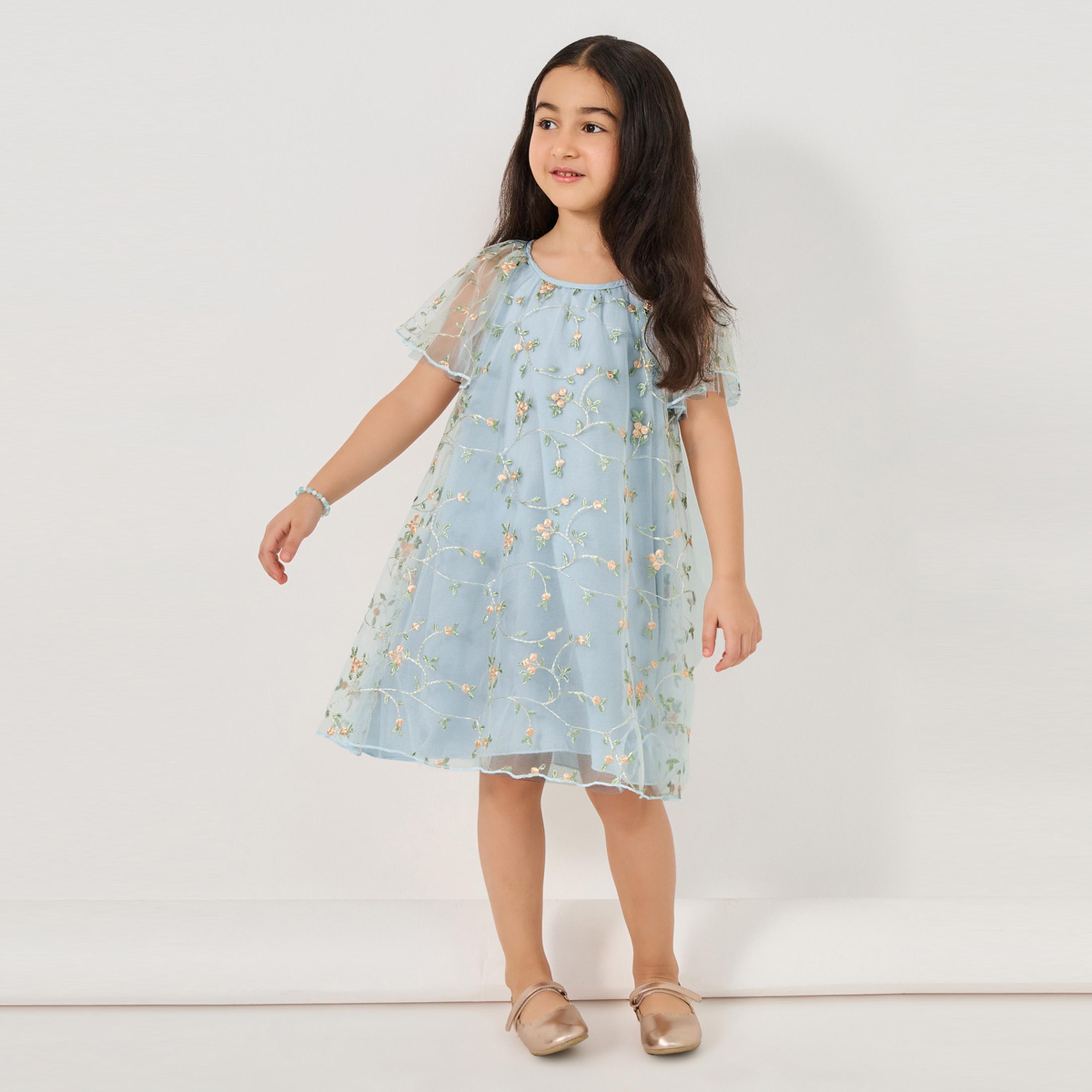 ستايلي - فستان شبكي مورد بفتحة رقبة دائرية-girls-clothing-dressesandjumpsuits-image-1