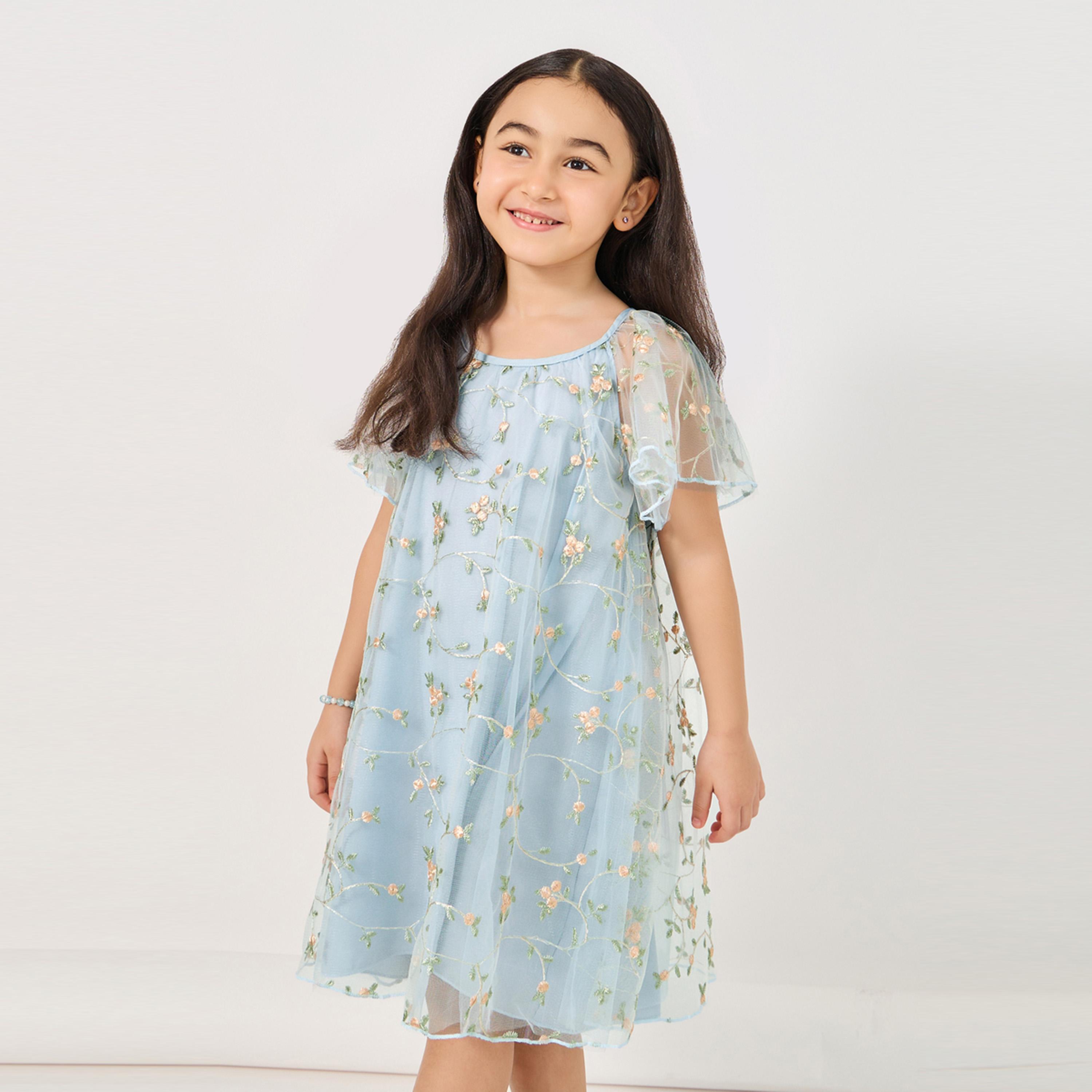 ستايلي - فستان شبكي مورد بفتحة رقبة دائرية-girls-clothing-dressesandjumpsuits-image-2